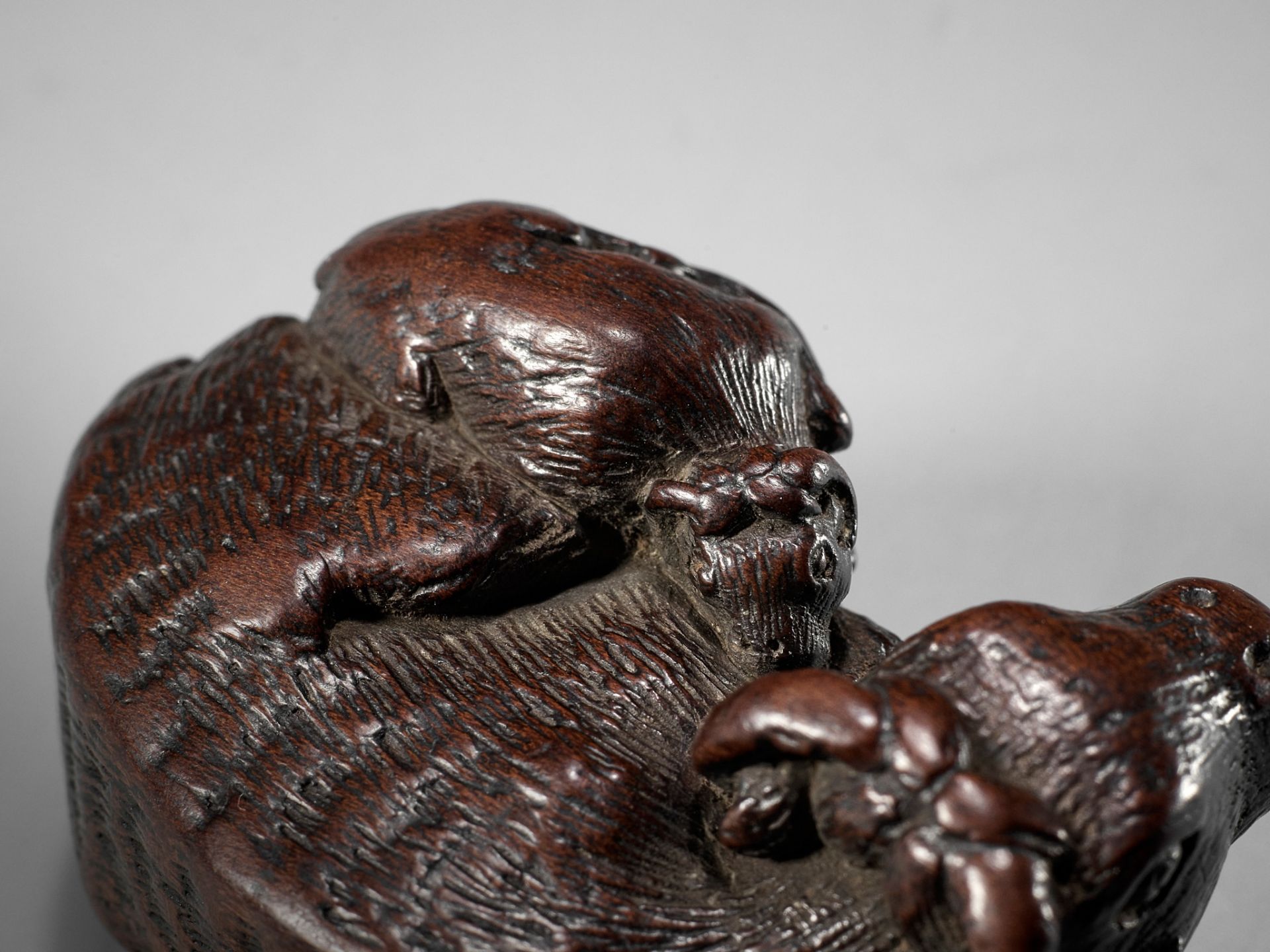 A SUPERB AND VERY RARE WOOD NETSUKE OF AN OX AND CALF, ATTRIBUTED TO TAMETAKA - Bild 3 aus 12