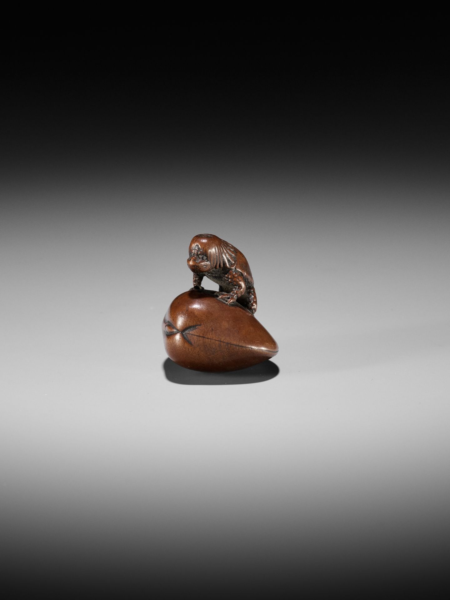 SUKETADA: A FINE WOOD NETSUKE OF A KAPPA TRAPPED BY A CLAM - Image 9 of 16