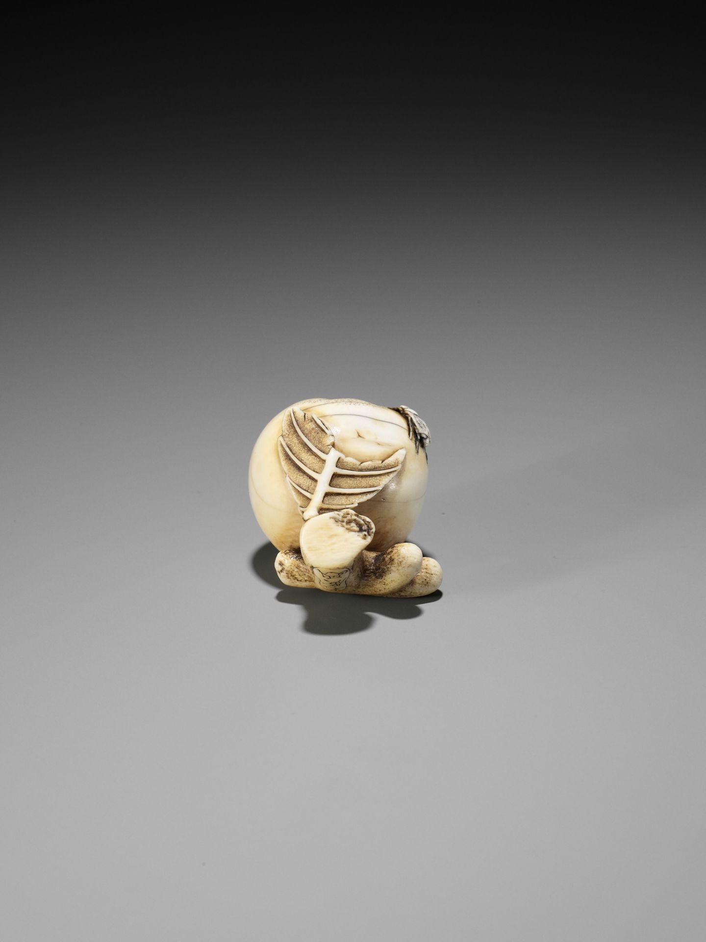 MITSUHIRO: AN IVORY NETSUKE OF A FLY ON A BIWA (LOQUAT) - Bild 7 aus 11