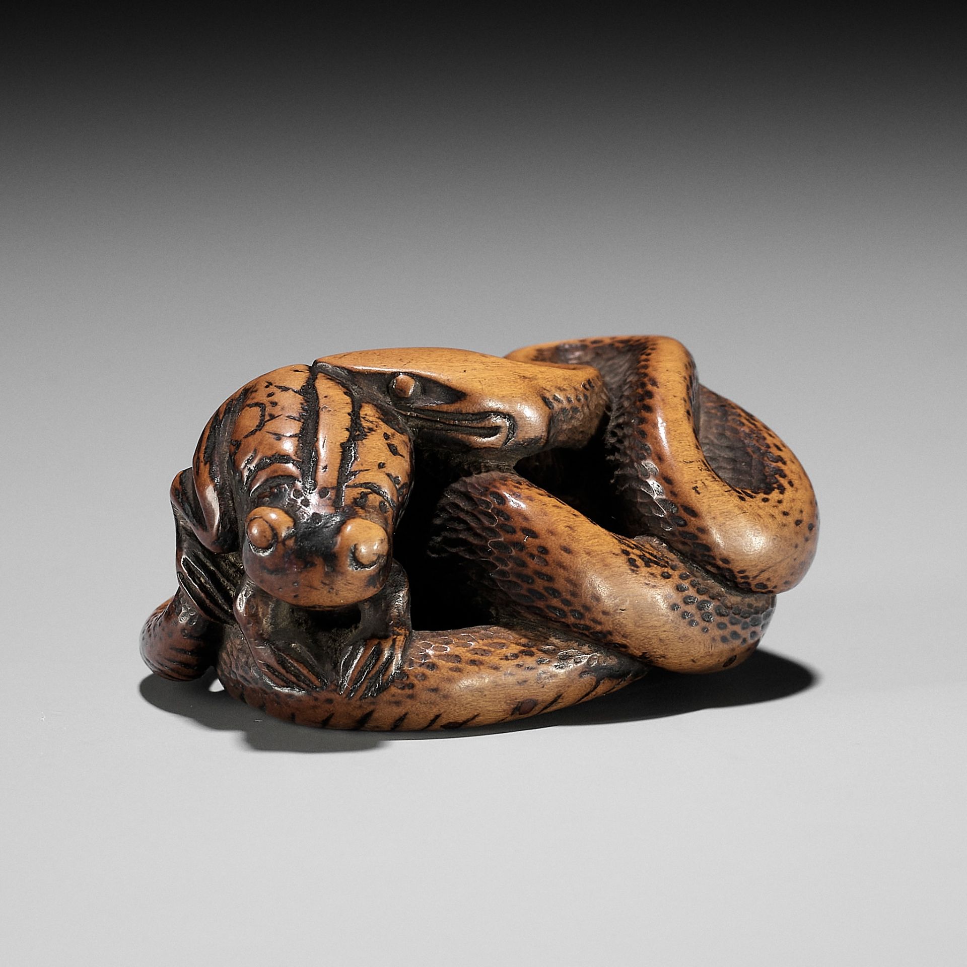 AN EARLY WOOD NETSUKE OF A SNAKE AND FROG