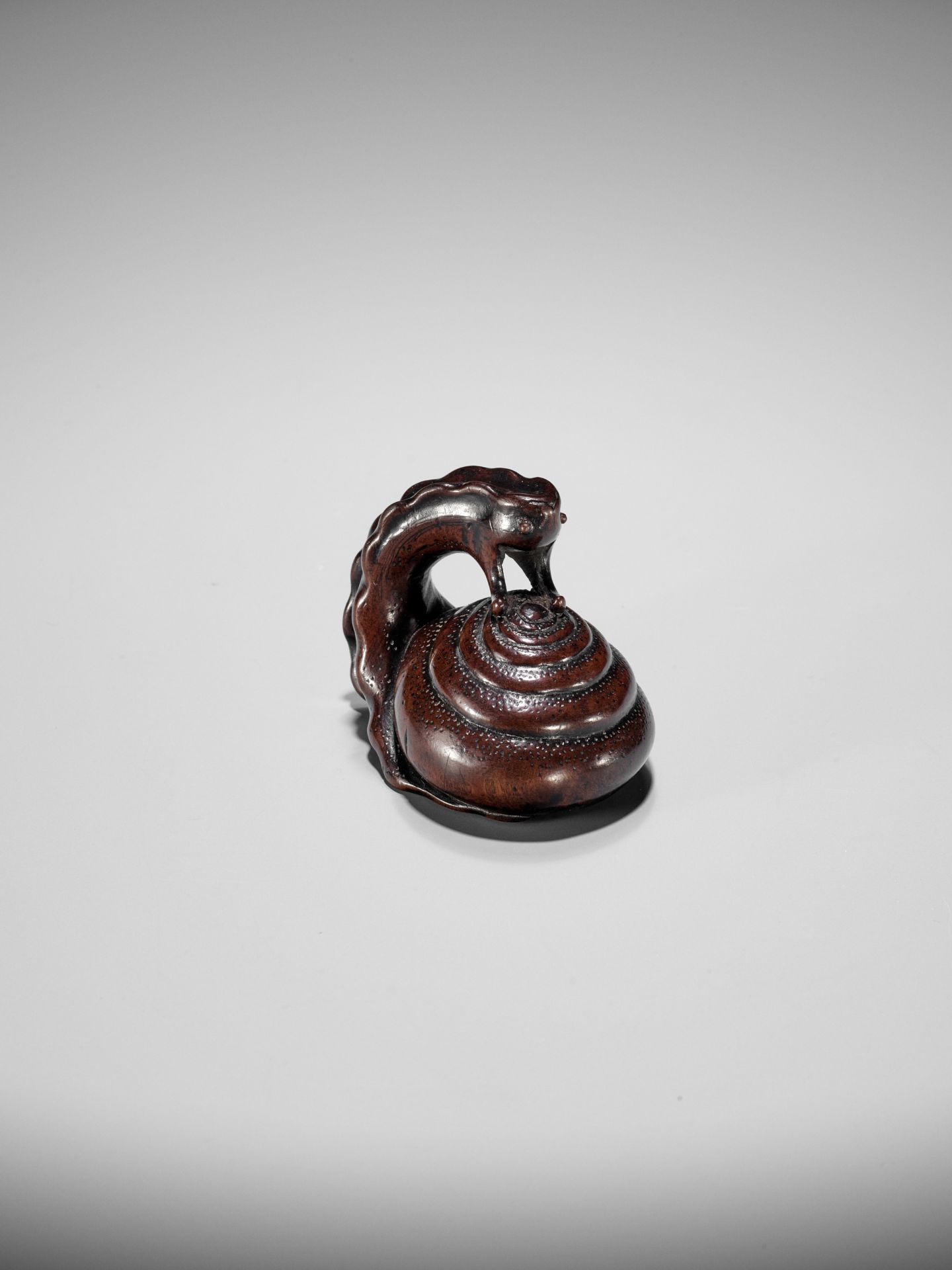 SHUZAN: AN EXCEPTIONAL WOOD NETSUKE OF A SNAIL ACROBAT - Bild 5 aus 25