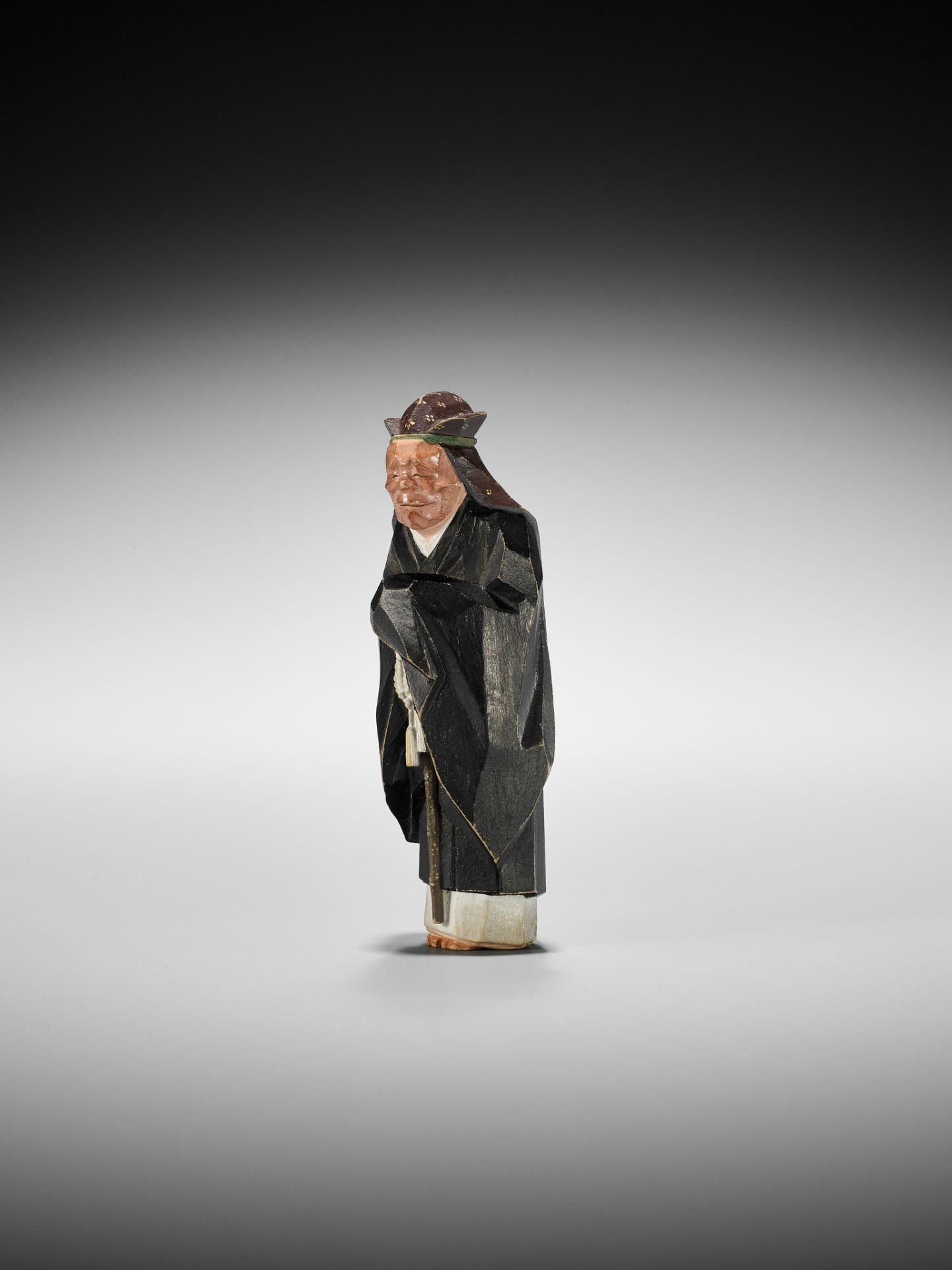 MORIKAWA TOEN: AN EXCEPTIONAL PAINTED WOOD NETSUKE OF AN ACTOR IN THE ROLE OF THE FOX PRIEST - Image 11 of 17