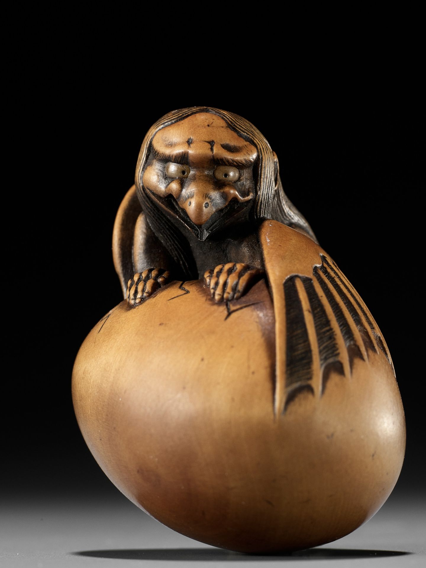 TOYOMASA: A SUPERB WOOD NETSUKE OF A HATCHING TENGU (TENGU NO TAMAGO) - Bild 23 aus 23