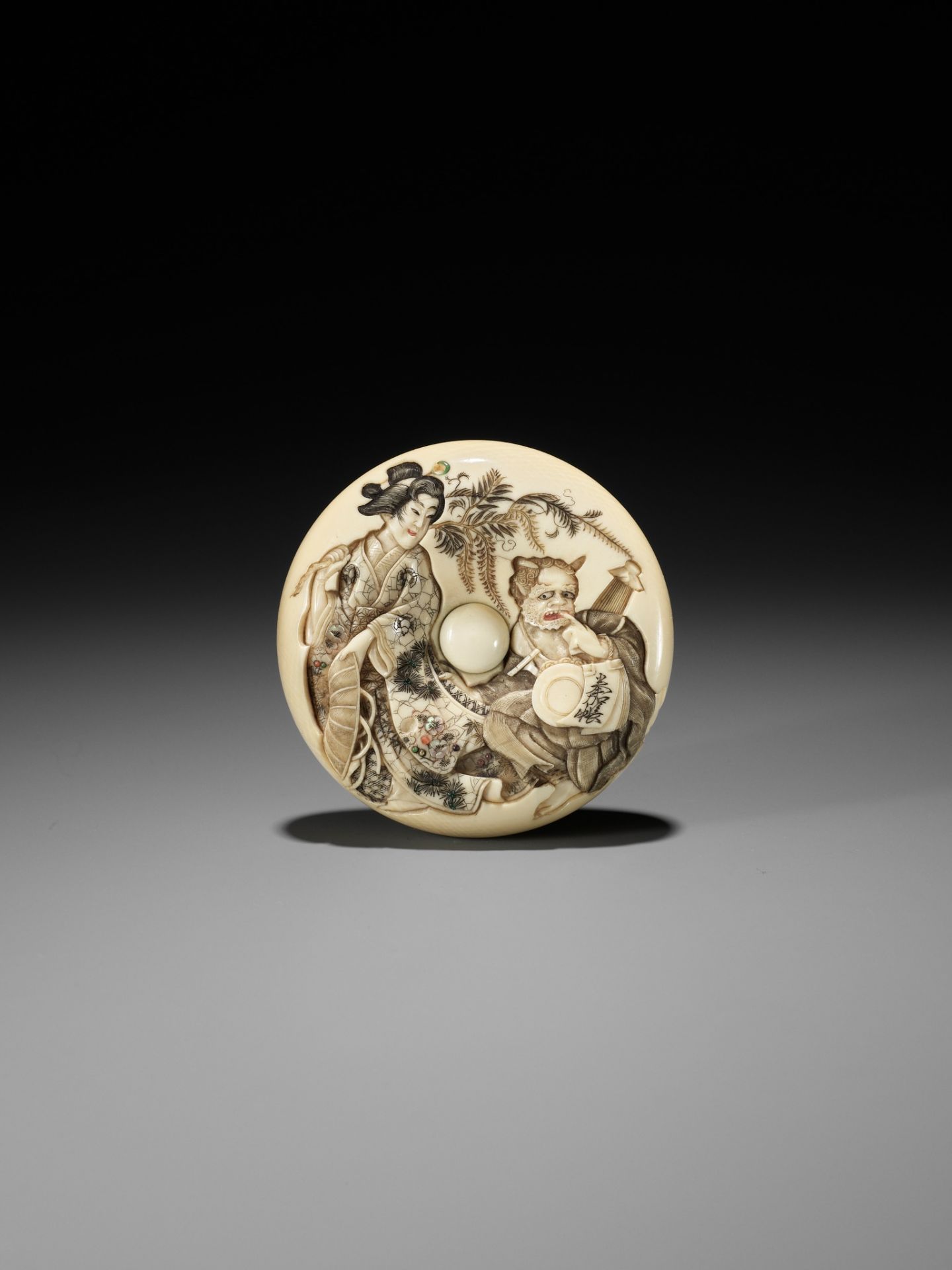 KIKUGAWA: A LARGE IVORY MANJU NETSUKE WITH OTSU-E MOTIF - Image 2 of 13