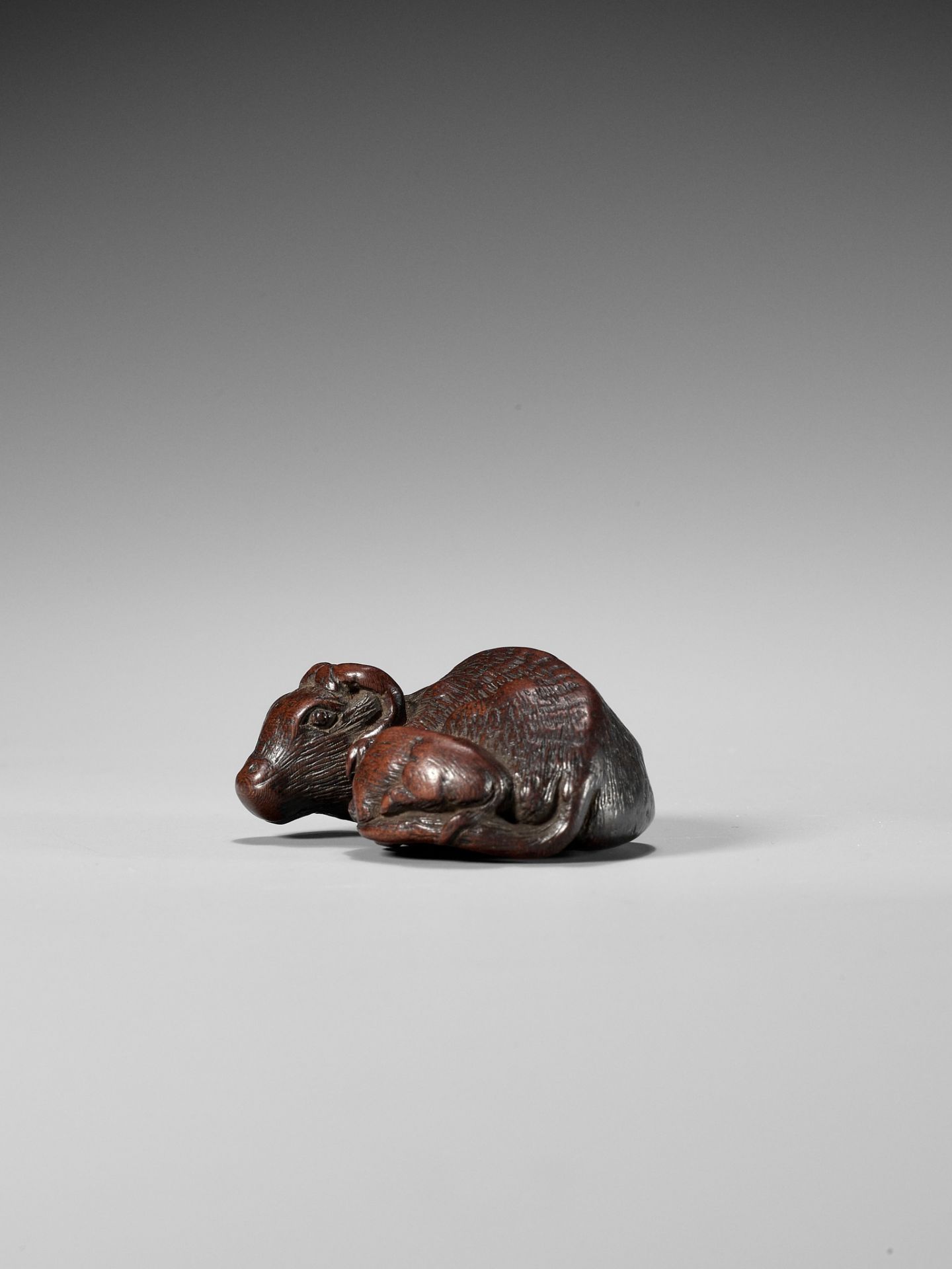 A SUPERB AND VERY RARE WOOD NETSUKE OF AN OX AND CALF, ATTRIBUTED TO TAMETAKA - Image 9 of 12