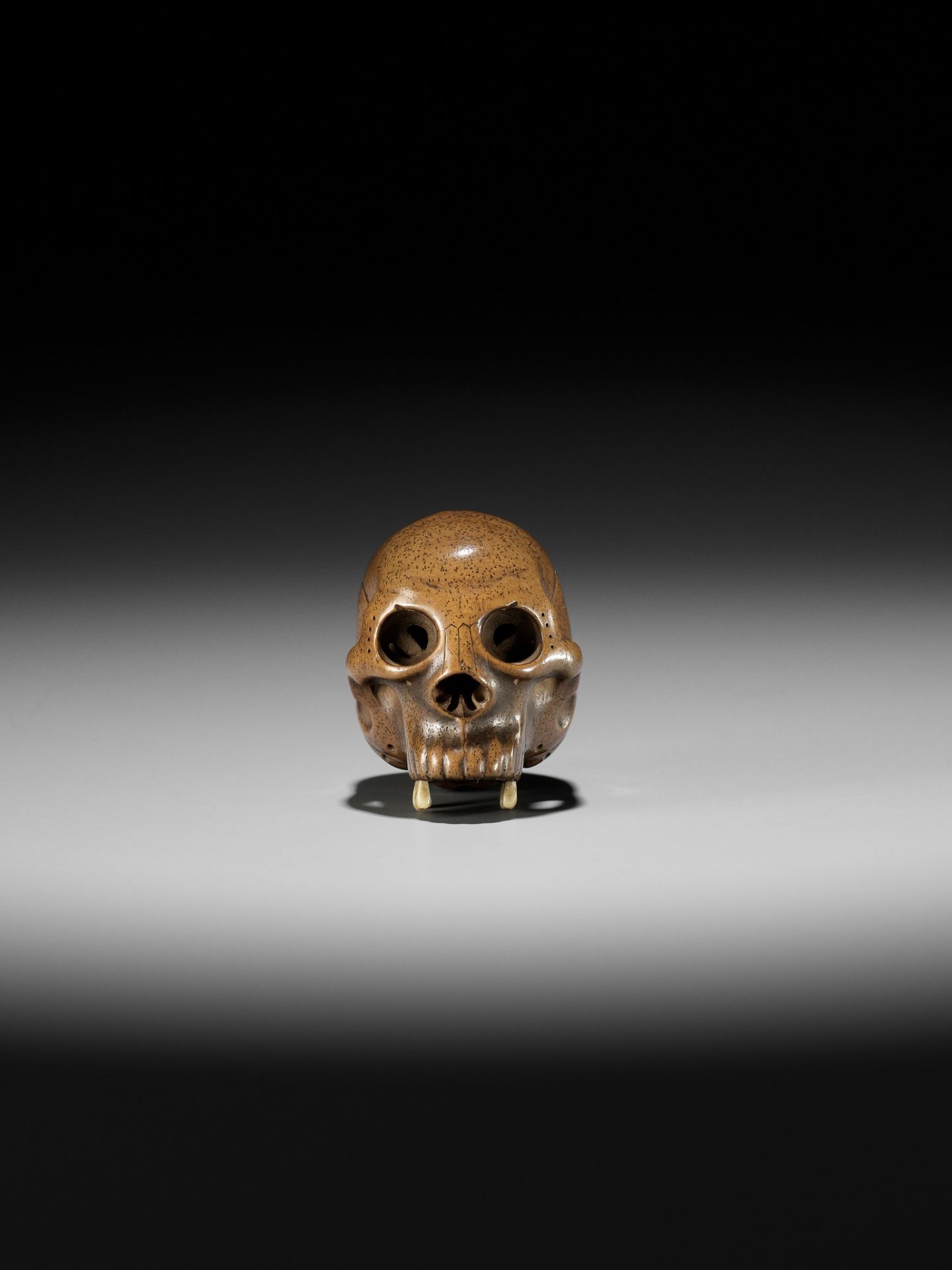 TADASHIGE: A SUPERB WOOD NETSUKE OF A SKULL WITH INLAID STAG ANTLER TEETH - Image 2 of 12