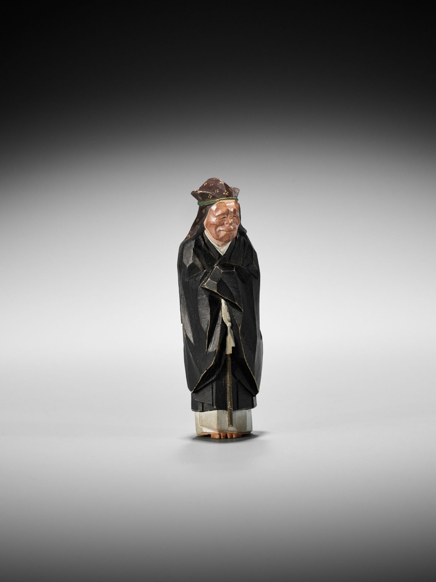 MORIKAWA TOEN: AN EXCEPTIONAL PAINTED WOOD NETSUKE OF AN ACTOR IN THE ROLE OF THE FOX PRIEST - Image 15 of 17