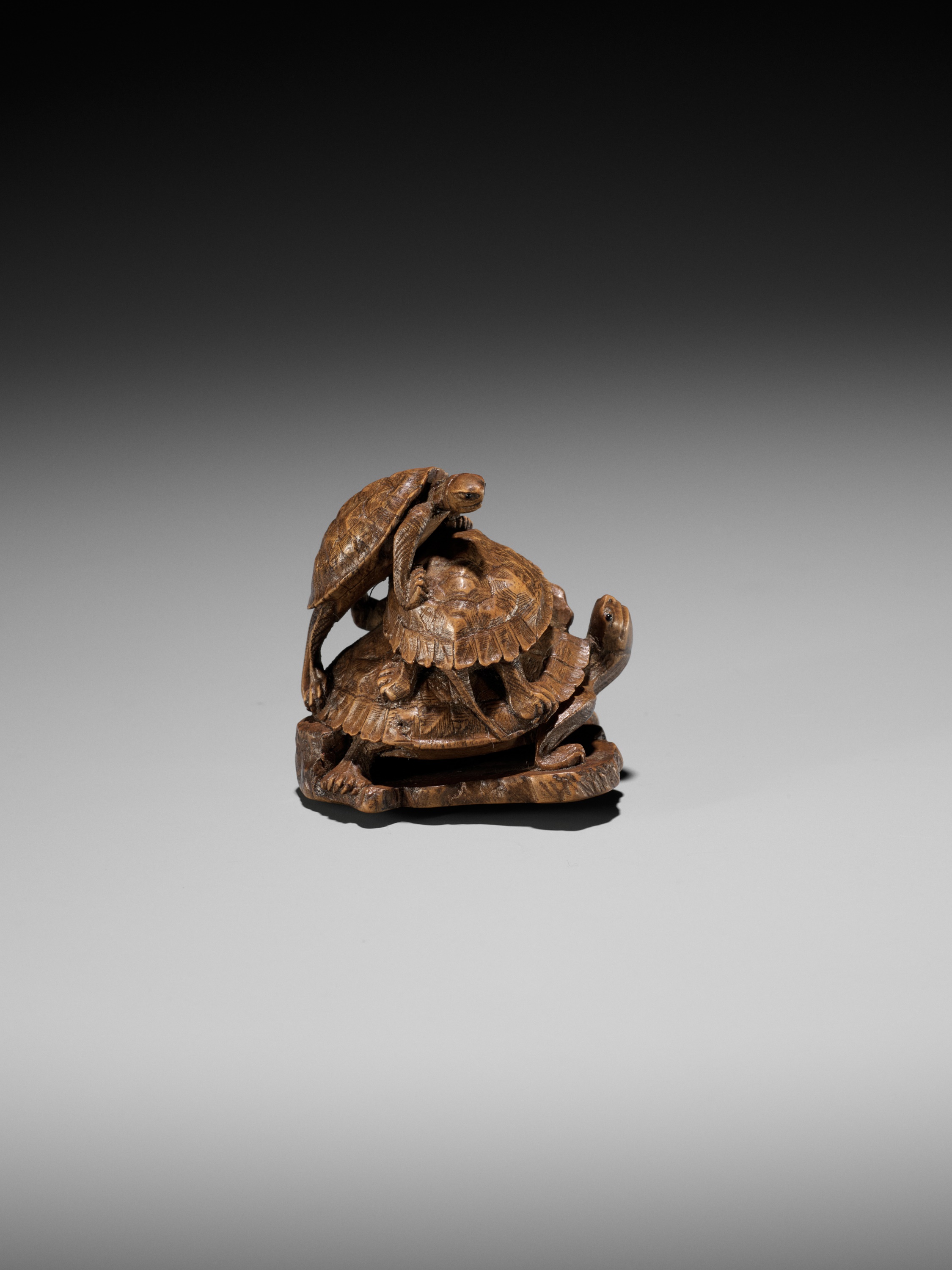 A WOOD OKIMONO NETSUKE OF A TURTLE PILE ON A ROOF TILE, ATTRIBUTED TO TADAKAZU - Image 6 of 14