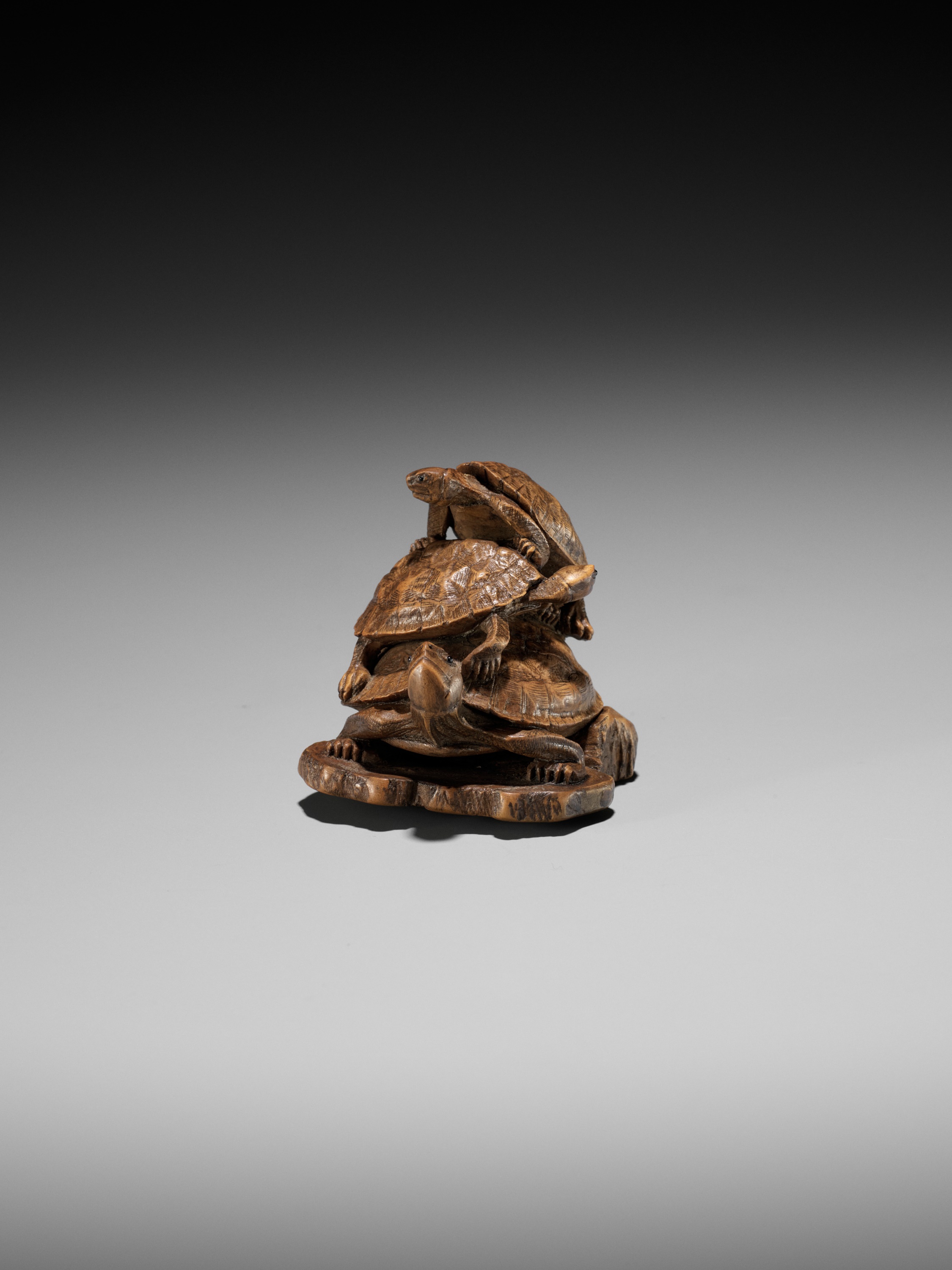 A WOOD OKIMONO NETSUKE OF A TURTLE PILE ON A ROOF TILE, ATTRIBUTED TO TADAKAZU - Image 7 of 14