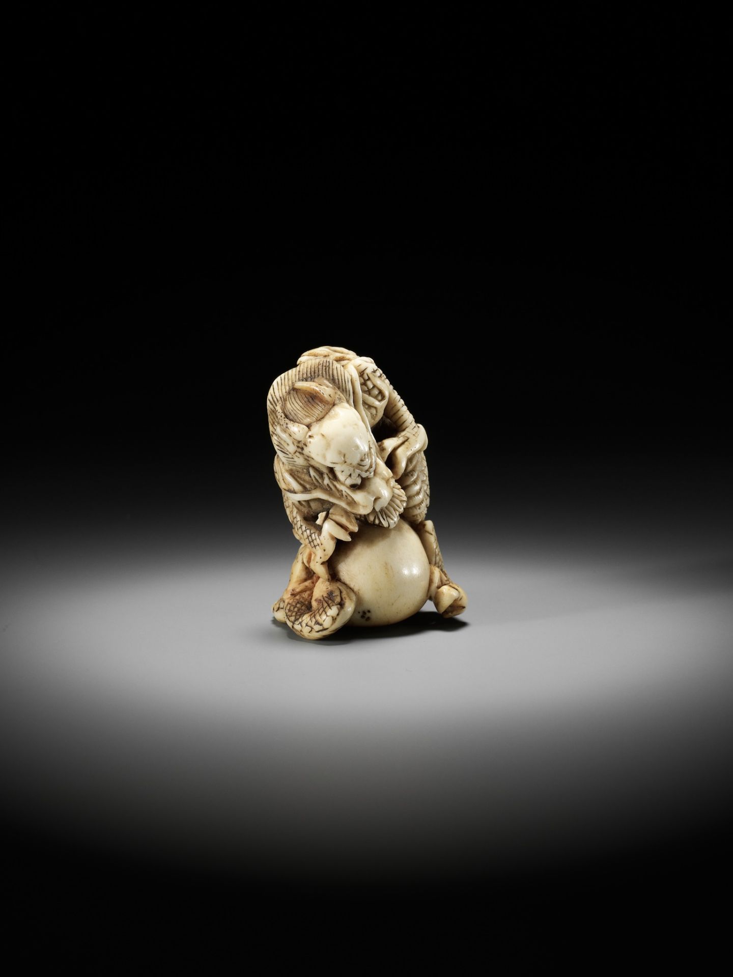 A POWERFUL STAG ANTLER NETSUKE OF A DRAGON WITH TAMA, ATTRIBUTED TO MOTOTADA - Image 7 of 11