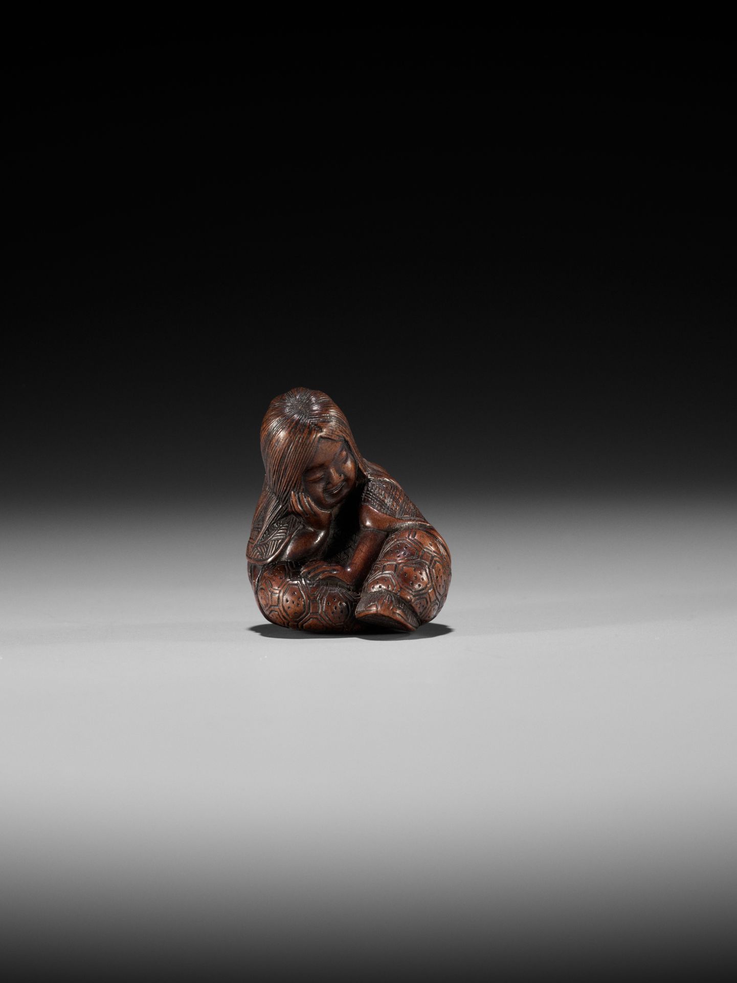 MASATOSHI: A NAGOYA SCHOOL WOOD NETSUKE OF A SLUMBERING SHOJO - Image 9 of 14