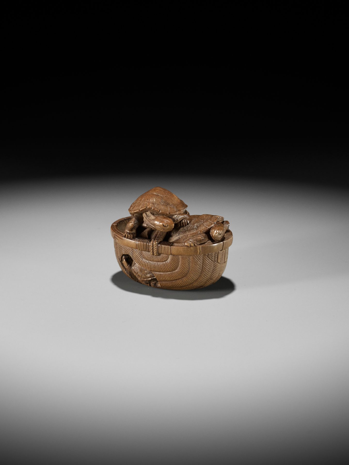 TADAKAZU: A FINE WOOD NETSUKE OF TURTLES IN A BASKET - Image 5 of 12