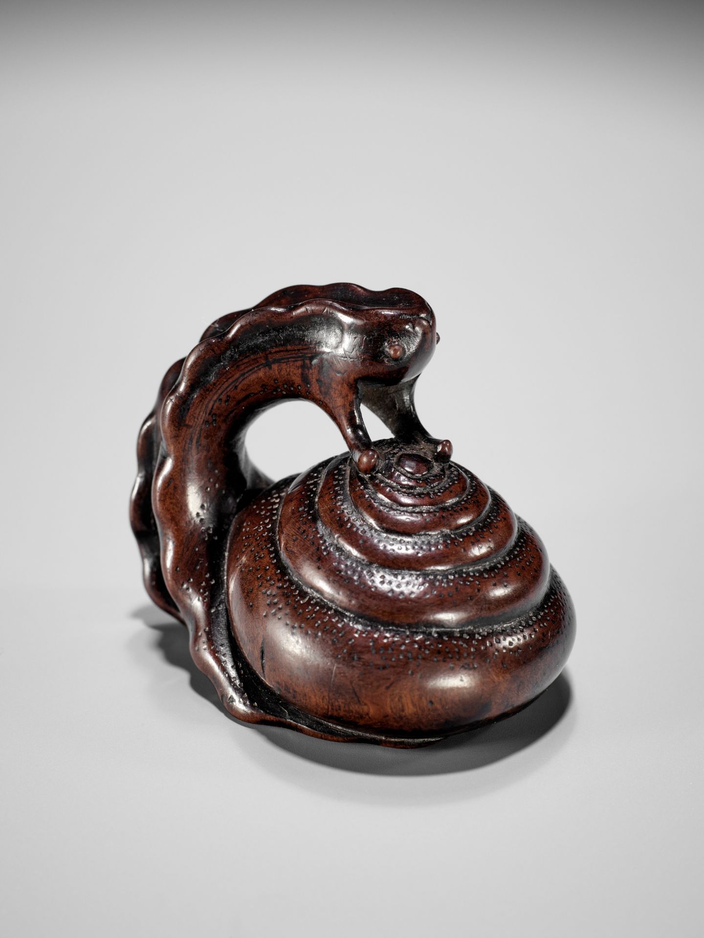 SHUZAN: AN EXCEPTIONAL WOOD NETSUKE OF A SNAIL ACROBAT - Bild 13 aus 25