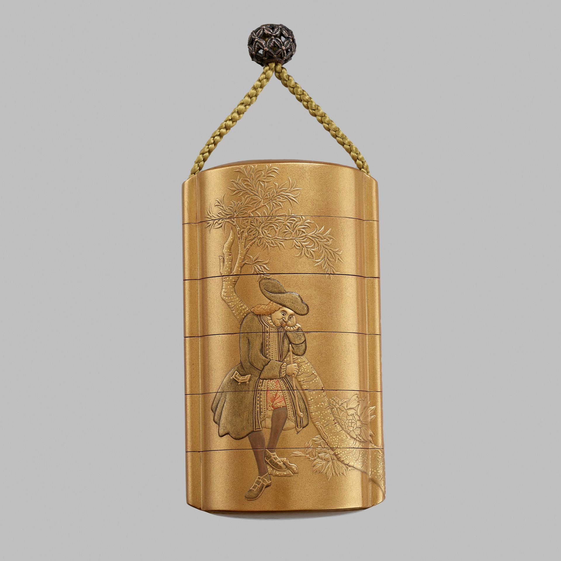 KAJIKAWA: A VERY RARE GOLD LACQUER FIVE-CASE INRO DEPICTING DUTCHMEN