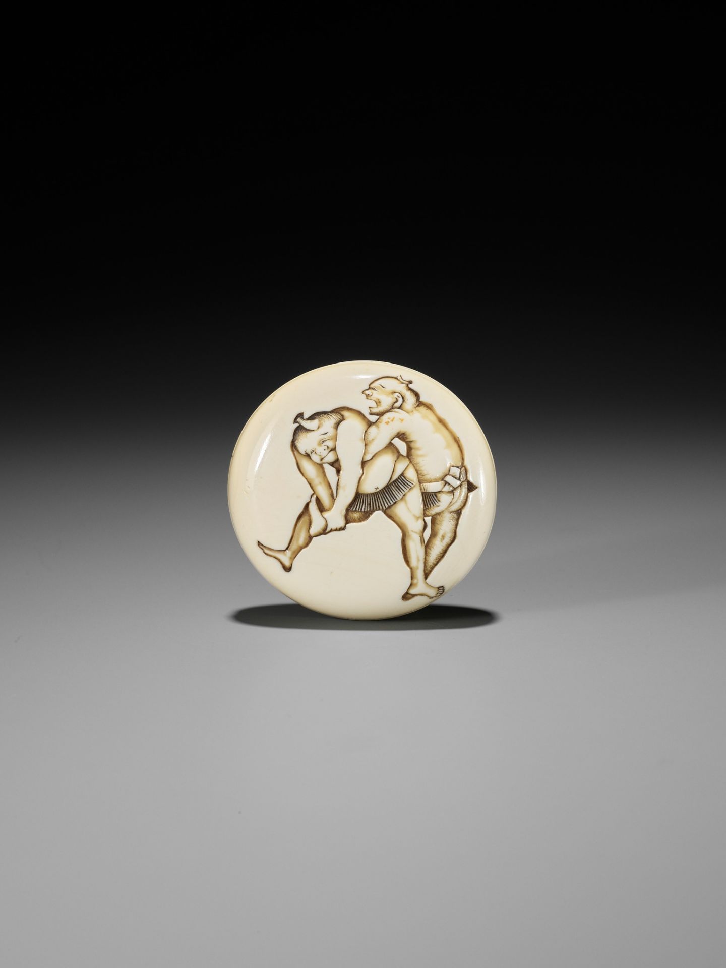 DOSHO: AN IVORY MANJU NETSUKE OF TWO SUMO WRESTLERS - Image 8 of 11