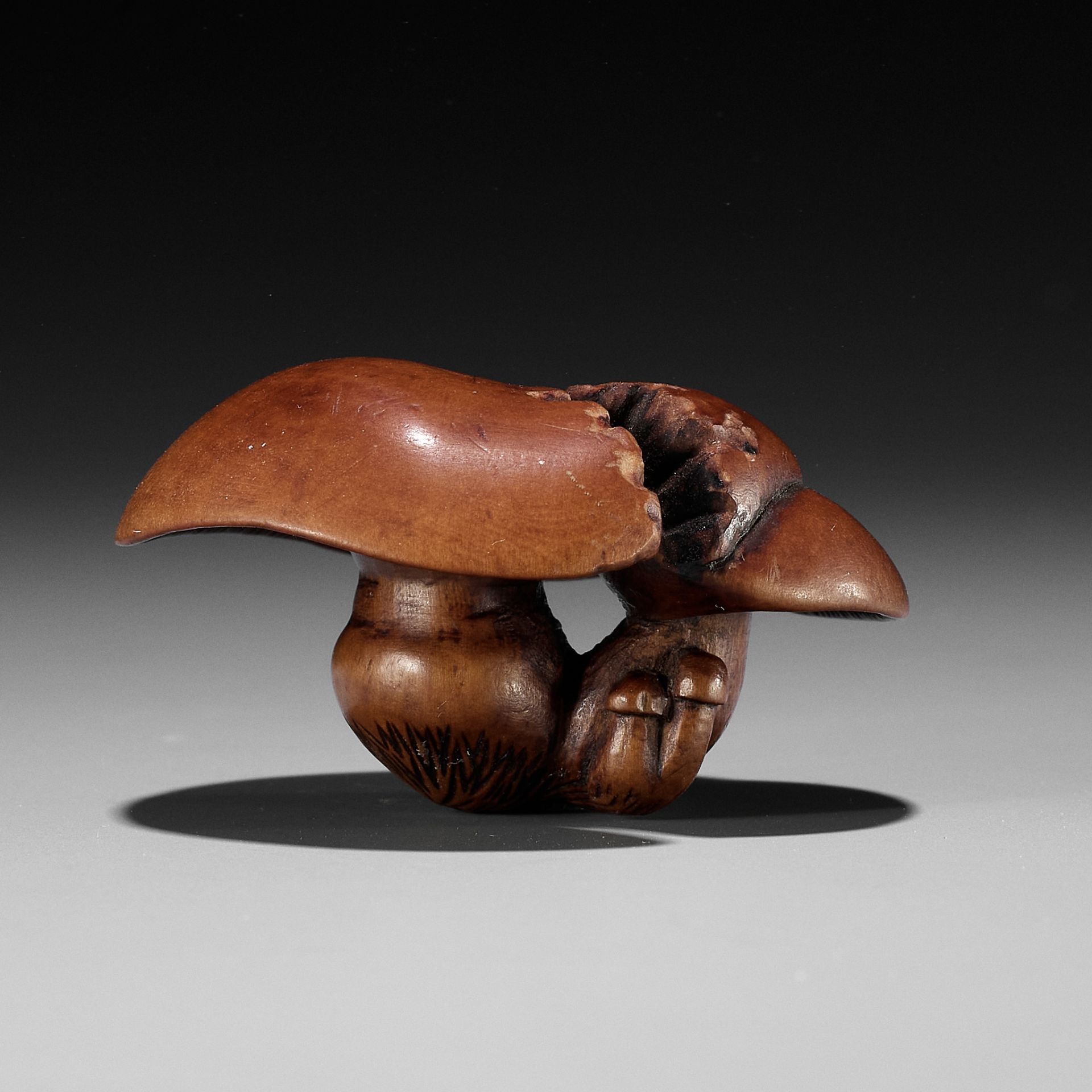 A FINE NAGOYA SCHOOL WOOD NETSUKE OF SHIMEJI MUSHROOMS