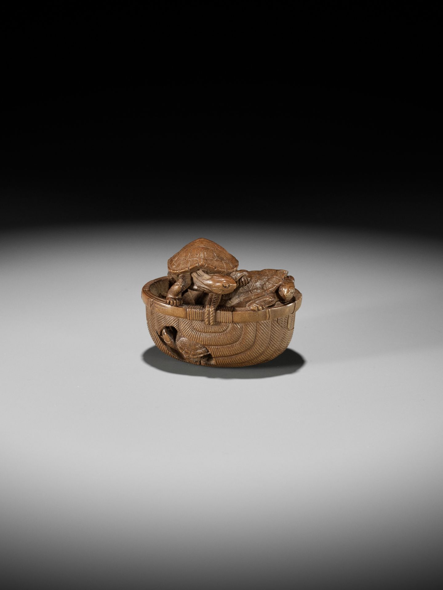 TADAKAZU: A FINE WOOD NETSUKE OF TURTLES IN A BASKET - Image 11 of 12