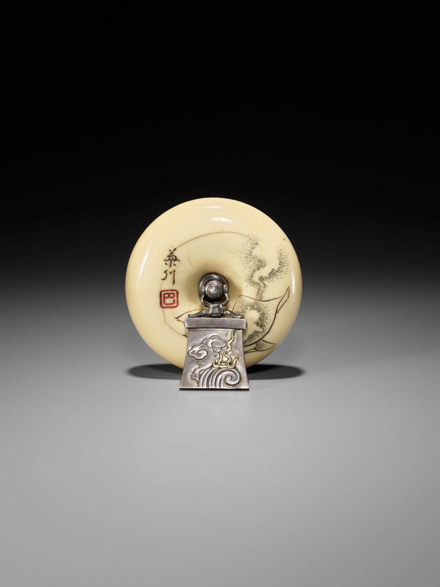 KIKUGAWA: A LARGE IVORY MANJU NETSUKE WITH OTSU-E MOTIF - Image 3 of 13