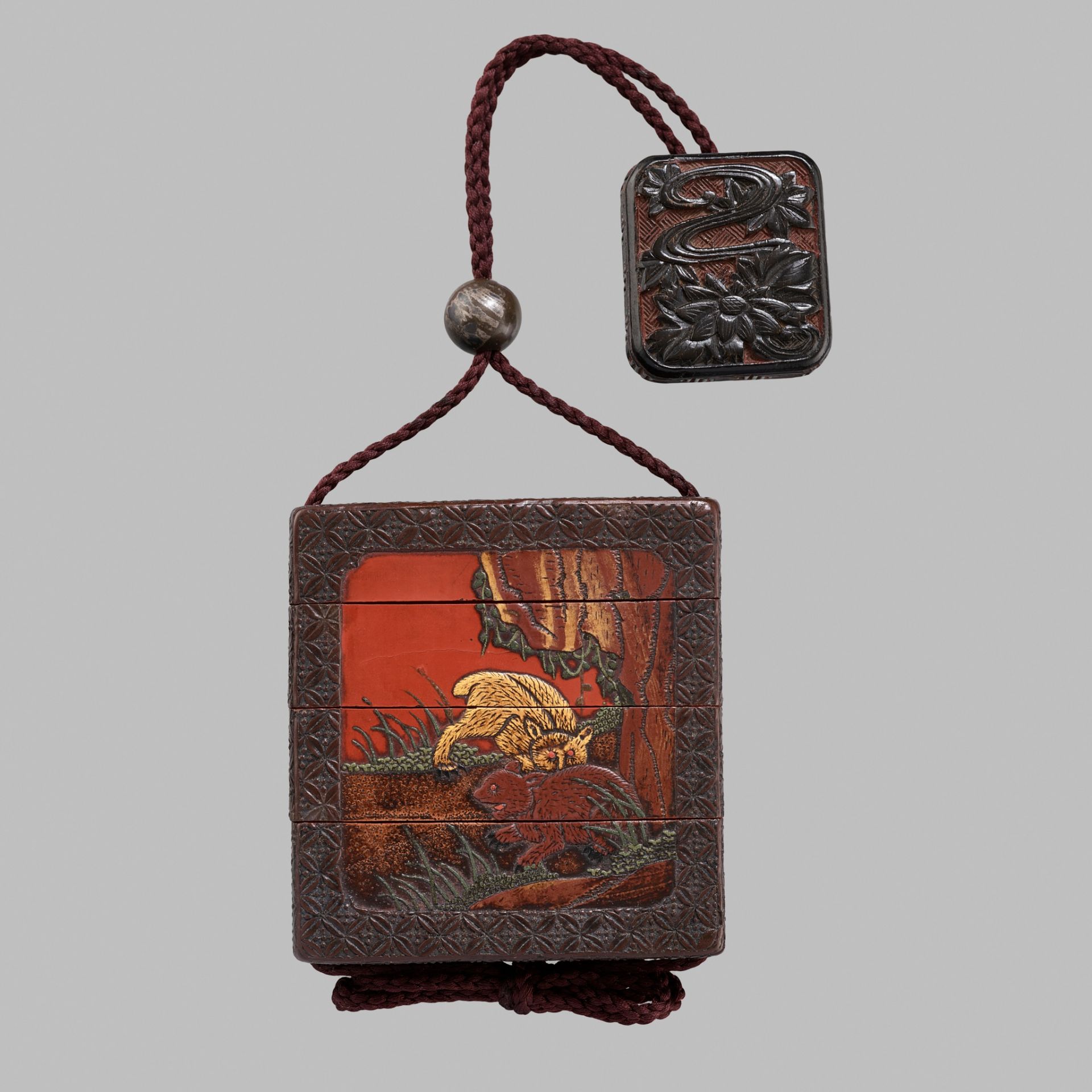 A VERY RARE RYUKYU LACQUER THREE-CASE INRO DEPICTING FIGHTING BEARS AND CHRYSANTHEMUM