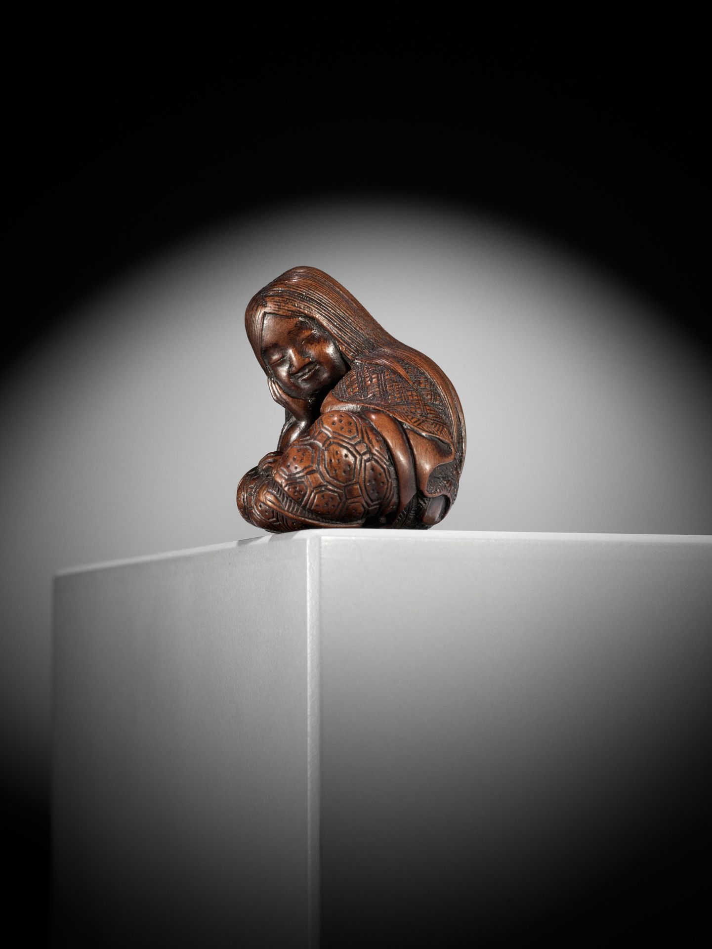 MASATOSHI: A NAGOYA SCHOOL WOOD NETSUKE OF A SLUMBERING SHOJO - Image 13 of 14