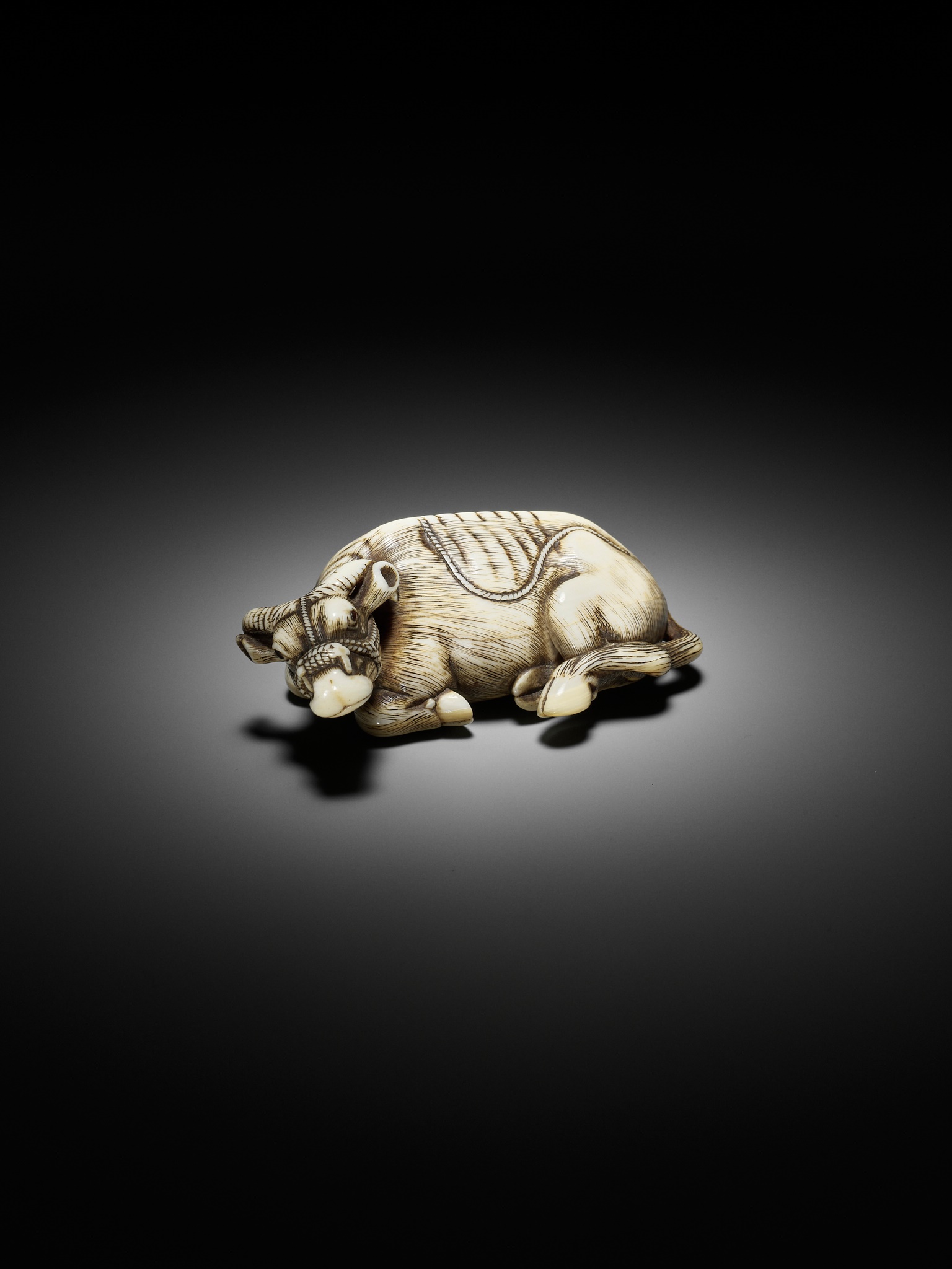 TOMOTADA: A SUPERB IVORY NETSUKE OF A RECUMBENT COW - Image 13 of 18