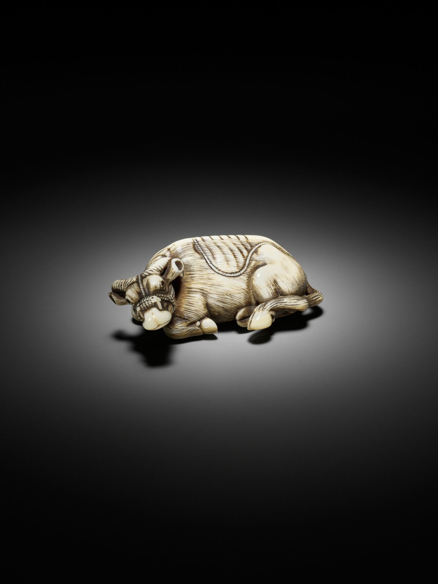 TOMOTADA: A SUPERB IVORY NETSUKE OF A RECUMBENT COW - Bild 13 aus 18