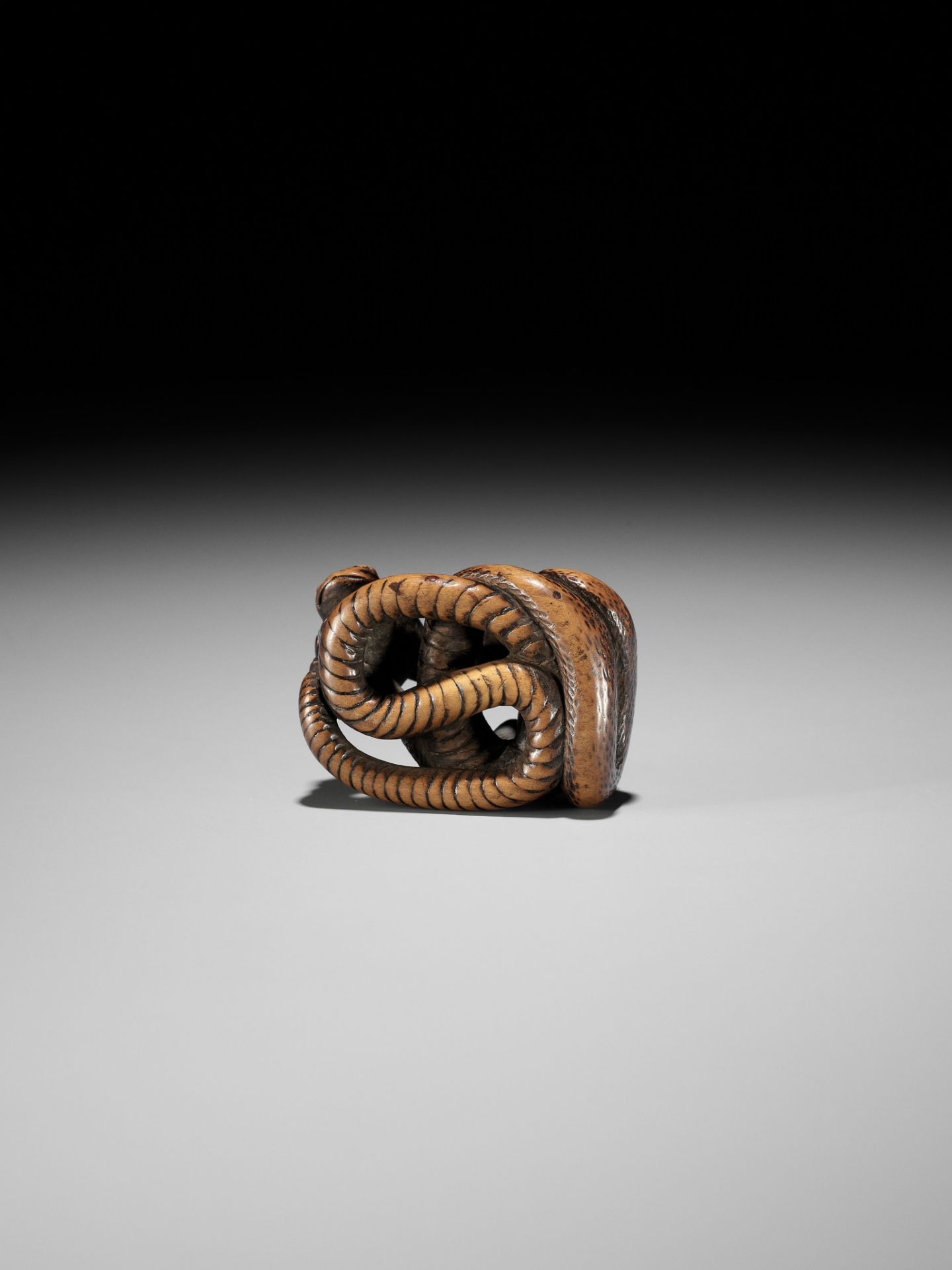 AN EARLY WOOD NETSUKE OF A SNAKE AND FROG - Image 6 of 12