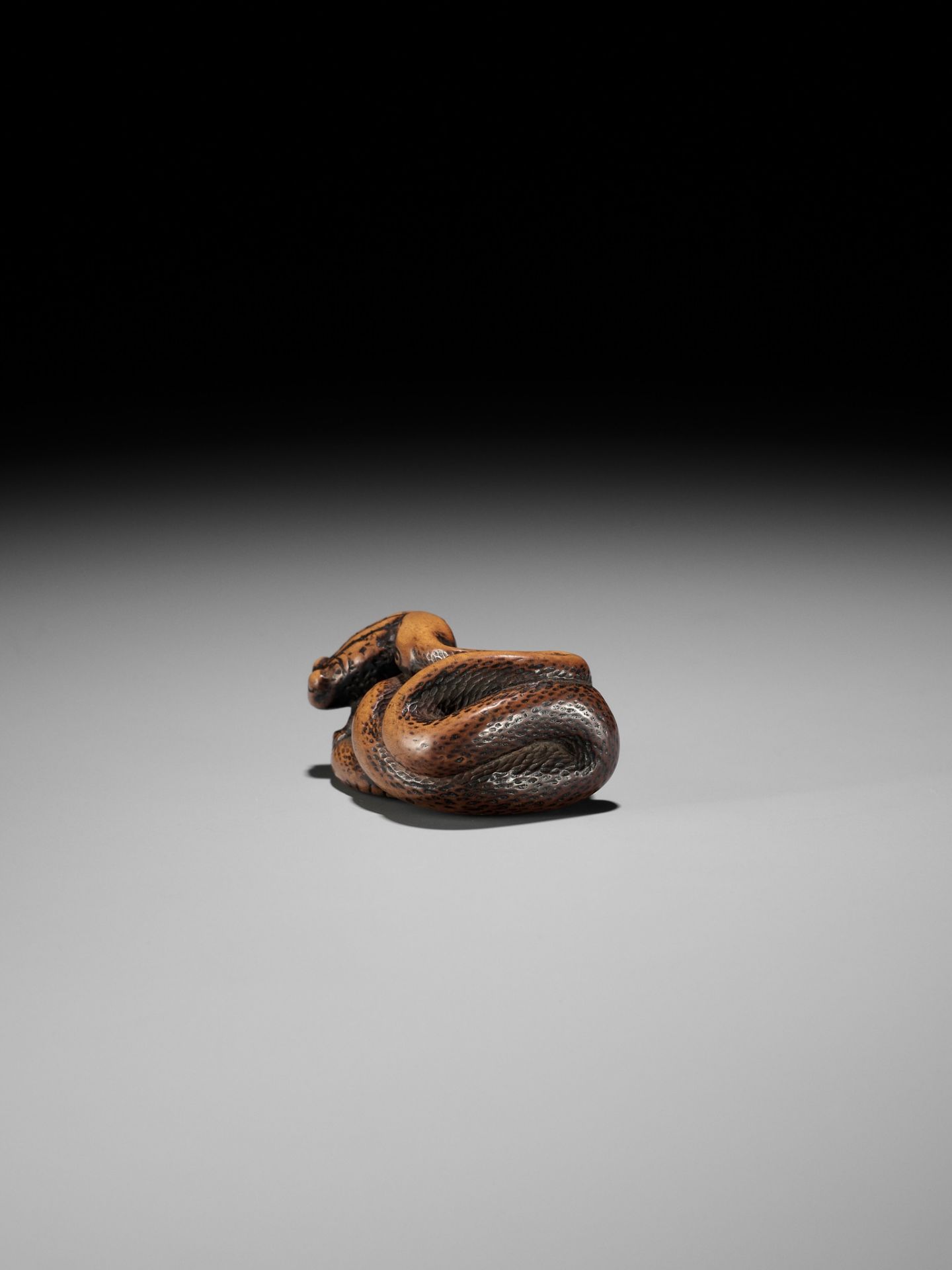 AN EARLY WOOD NETSUKE OF A SNAKE AND FROG - Image 8 of 12