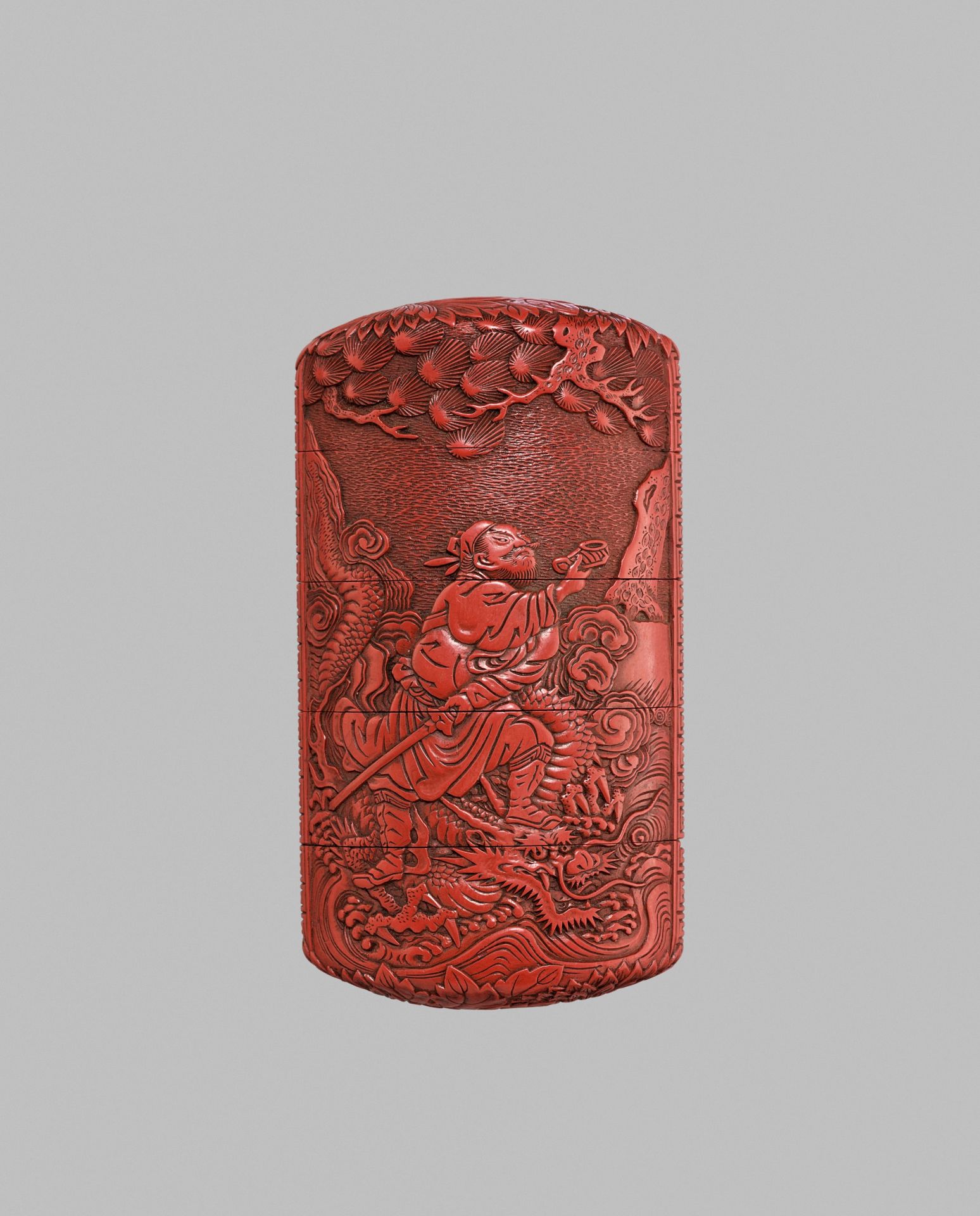 A FINE TSUISHU FOUR-CASE LACQUER INRO WITH CHORYO AND KOSEKIKO, WITH EN SUITE NETSUKE AND OJIME - Image 5 of 10