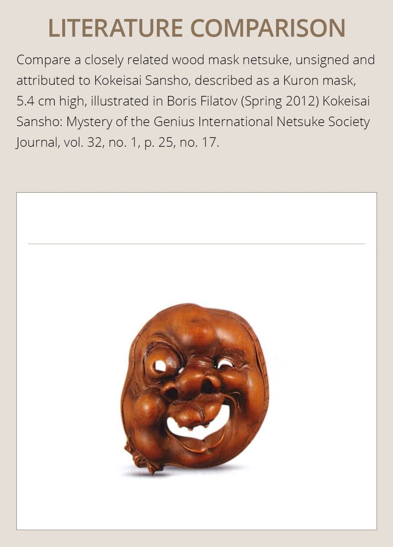 A LARGE AND SUPERB WOOD MASK NETSUKE OF A GROTESQUELY GRIMACING MAN, ATTRIBUTED TO KOKEISAI SANSHO - Bild 5 aus 12