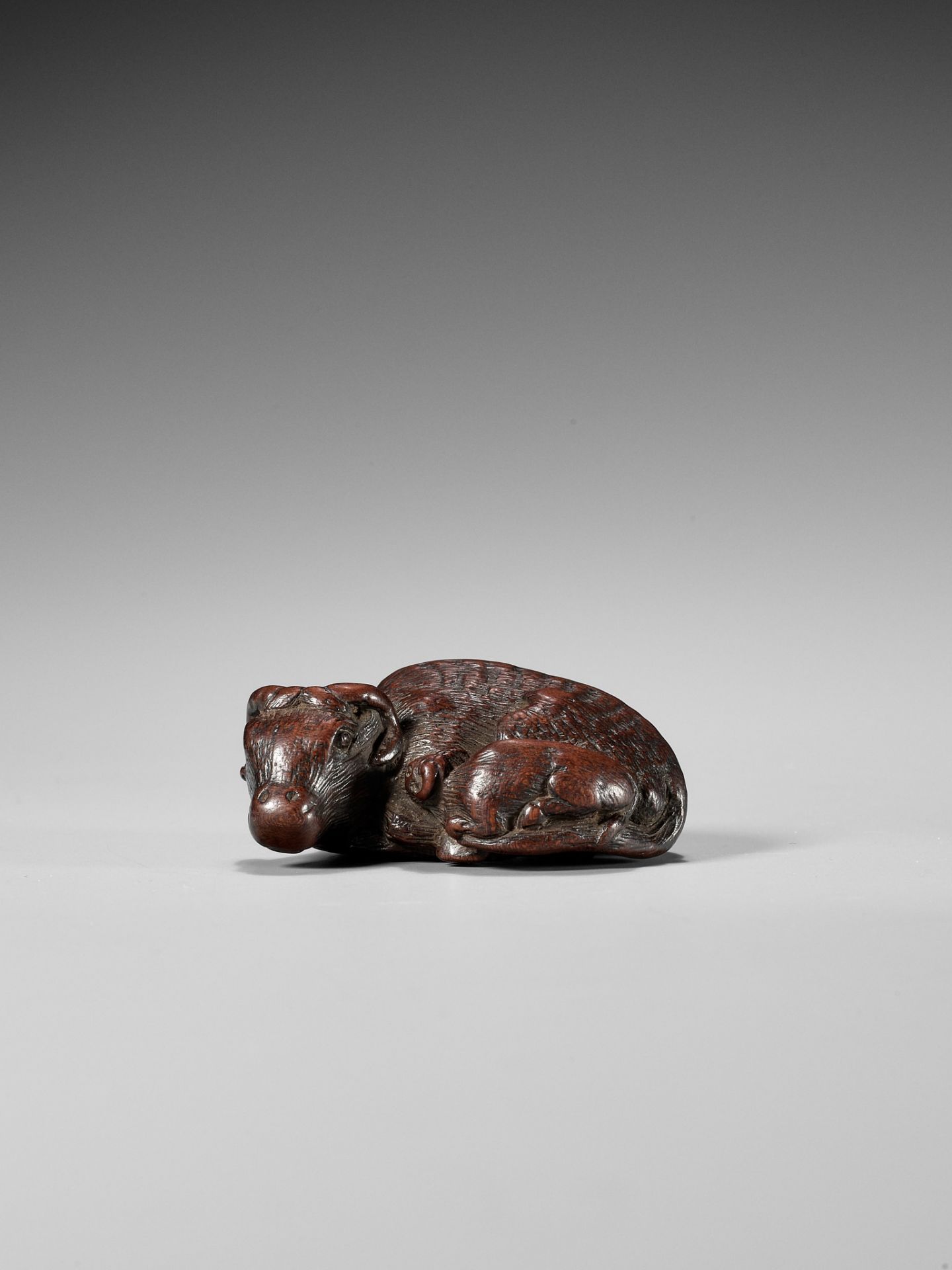 A SUPERB AND VERY RARE WOOD NETSUKE OF AN OX AND CALF, ATTRIBUTED TO TAMETAKA - Image 8 of 12