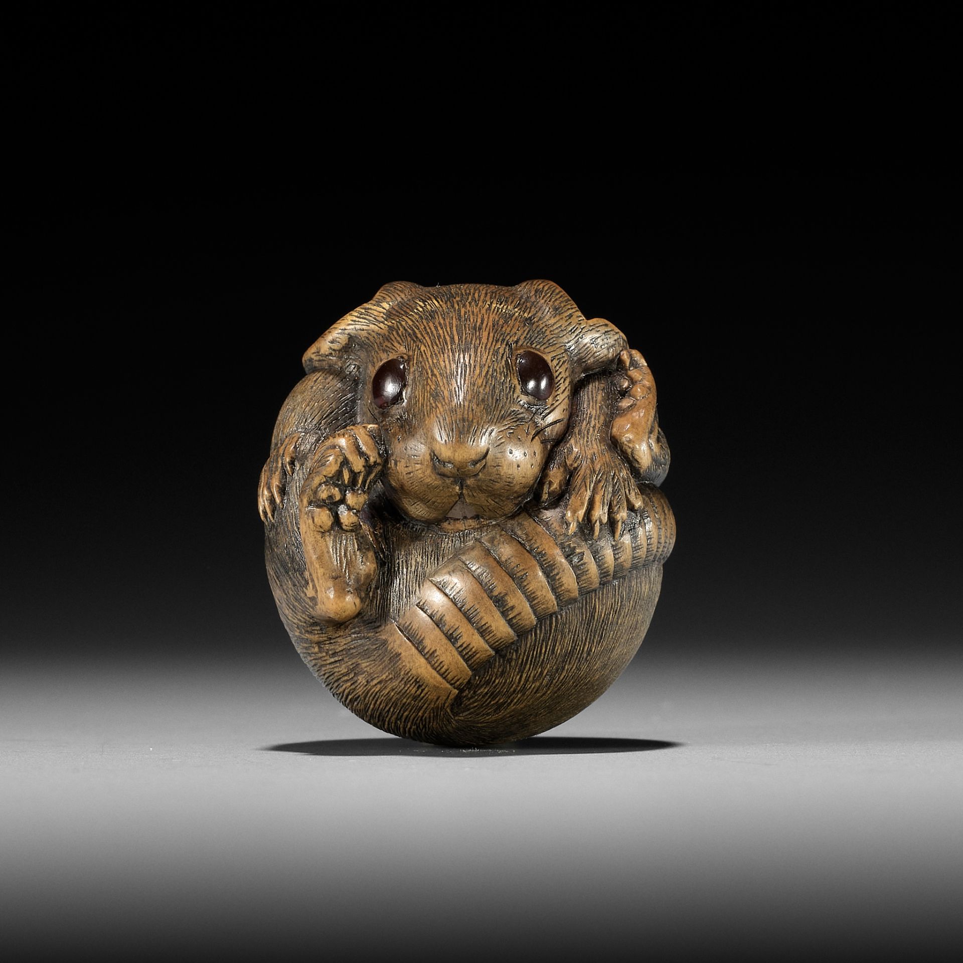 KINSUI: A CONTEMPORARY WOOD NETSUKE OF A COILED RAT