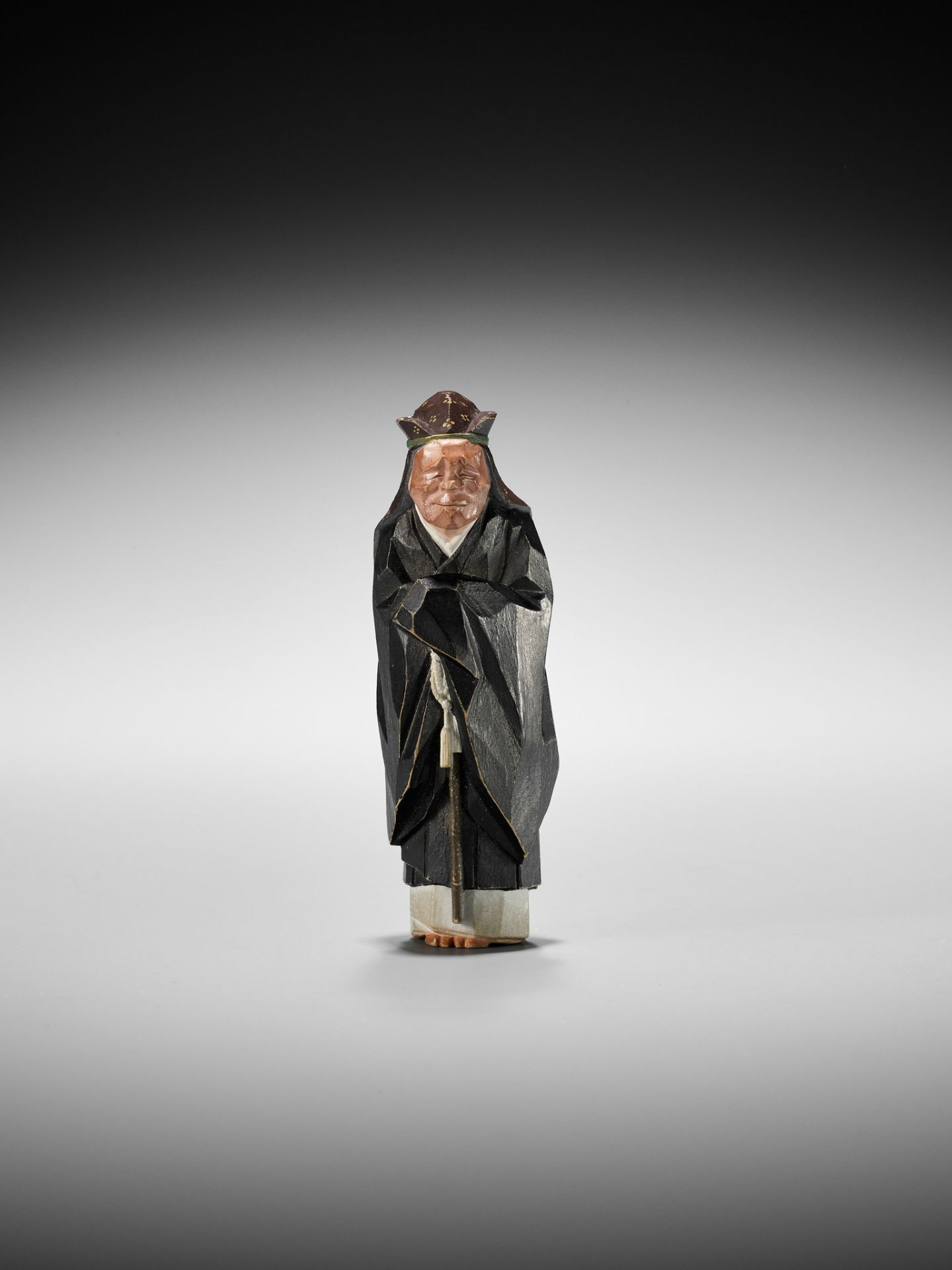 MORIKAWA TOEN: AN EXCEPTIONAL PAINTED WOOD NETSUKE OF AN ACTOR IN THE ROLE OF THE FOX PRIEST - Image 8 of 17