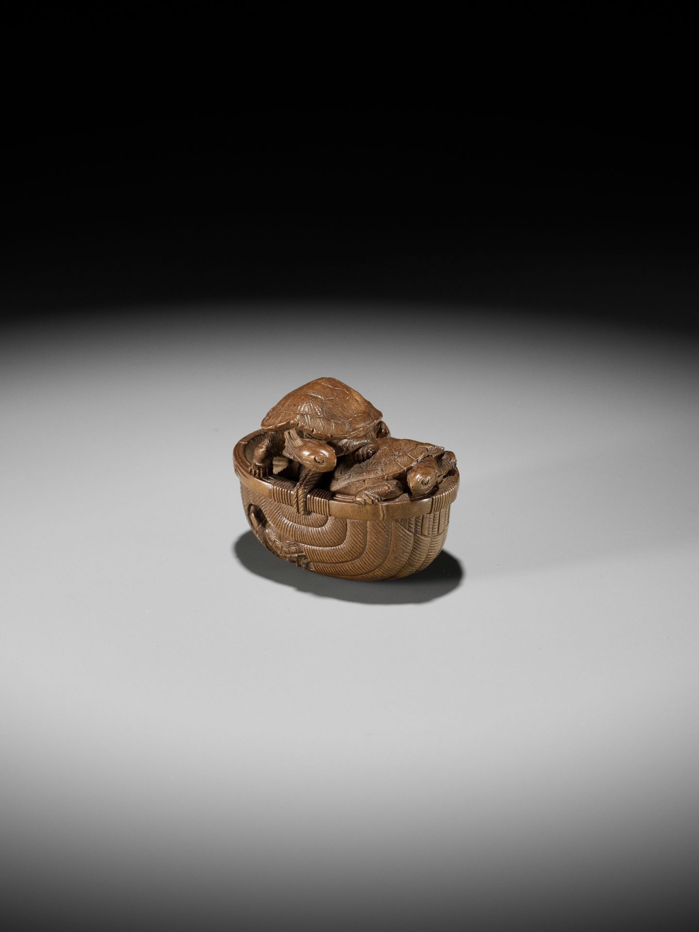 TADAKAZU: A FINE WOOD NETSUKE OF TURTLES IN A BASKET - Image 3 of 12