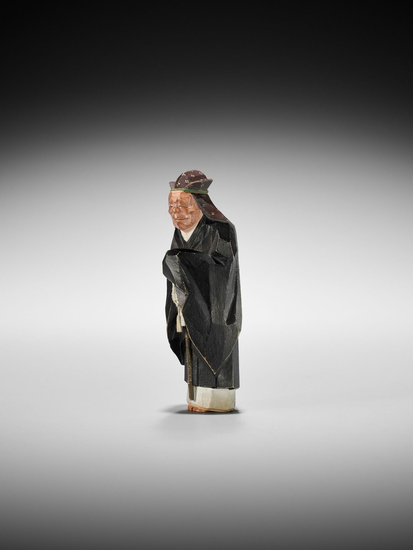 MORIKAWA TOEN: AN EXCEPTIONAL PAINTED WOOD NETSUKE OF AN ACTOR IN THE ROLE OF THE FOX PRIEST - Image 10 of 17