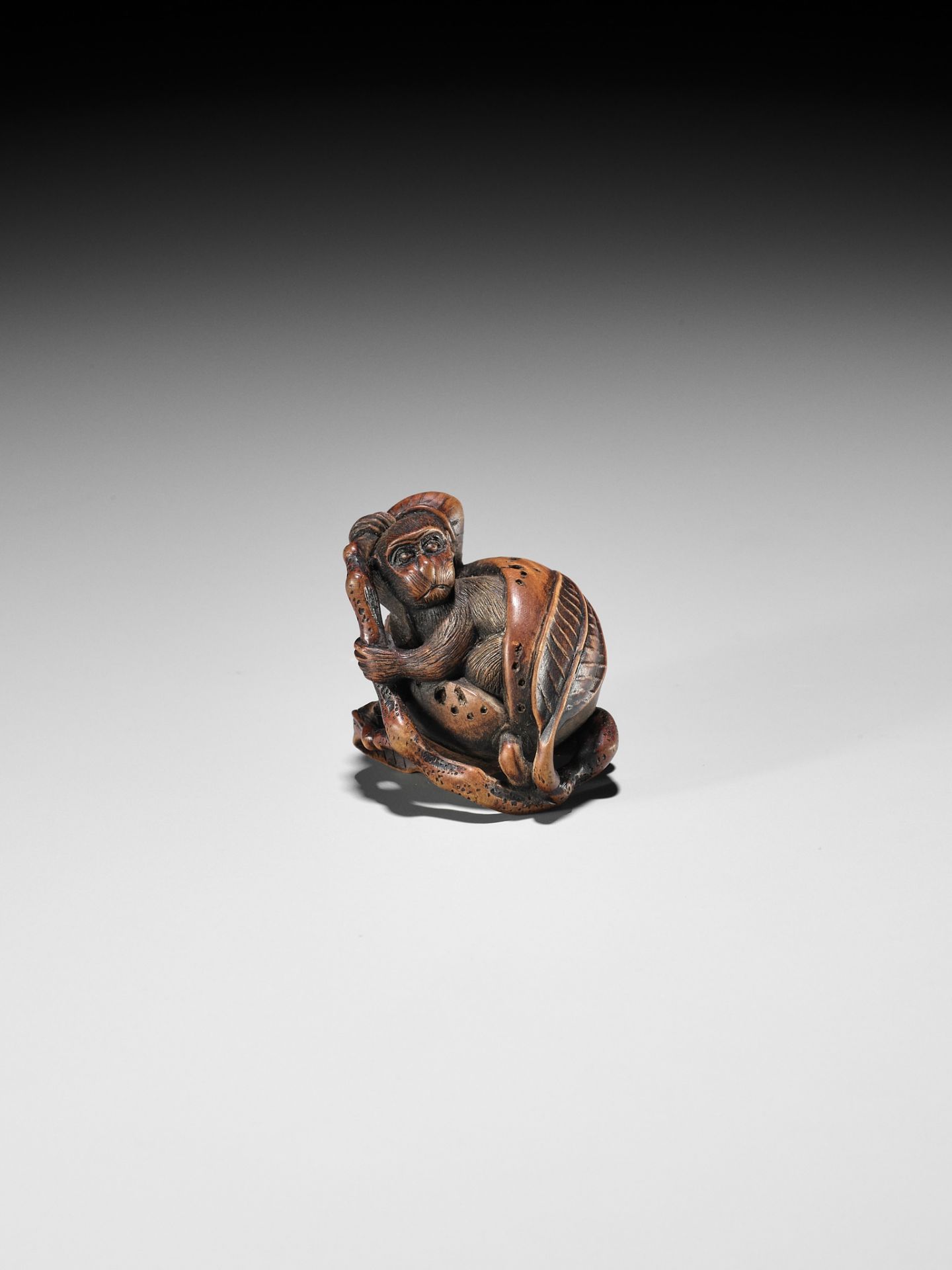 TOYOSHIMA: A FINE WOOD NETSUKE OF A MONKEY EMERGING FROM A PEACH - Bild 2 aus 13