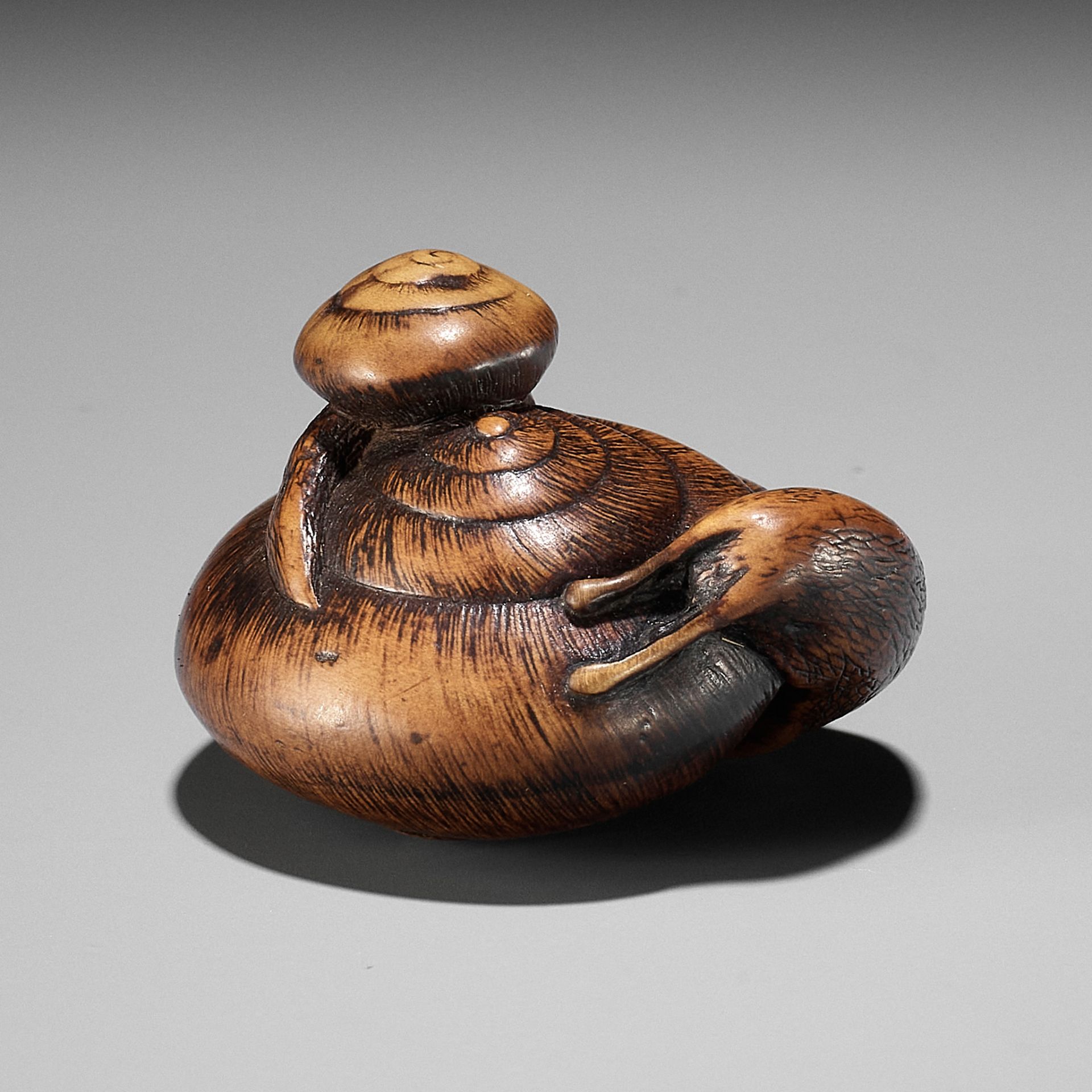 MASAKAZU: A RARE YAMADA SCHOOL WOOD NETSUKE OF TWO SNAILS