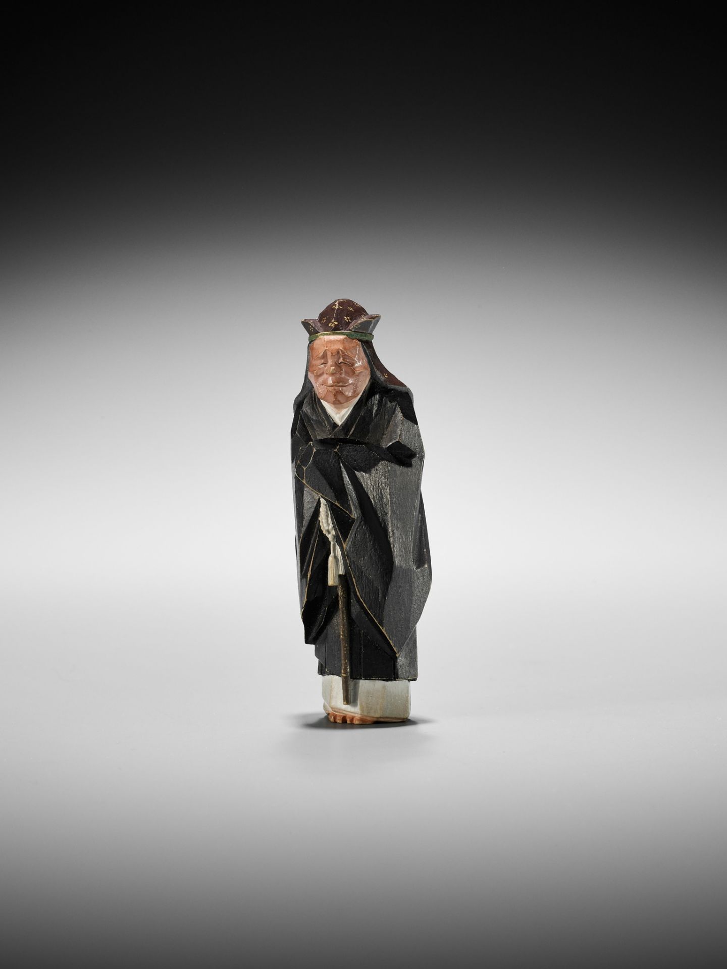 MORIKAWA TOEN: AN EXCEPTIONAL PAINTED WOOD NETSUKE OF AN ACTOR IN THE ROLE OF THE FOX PRIEST - Image 9 of 17