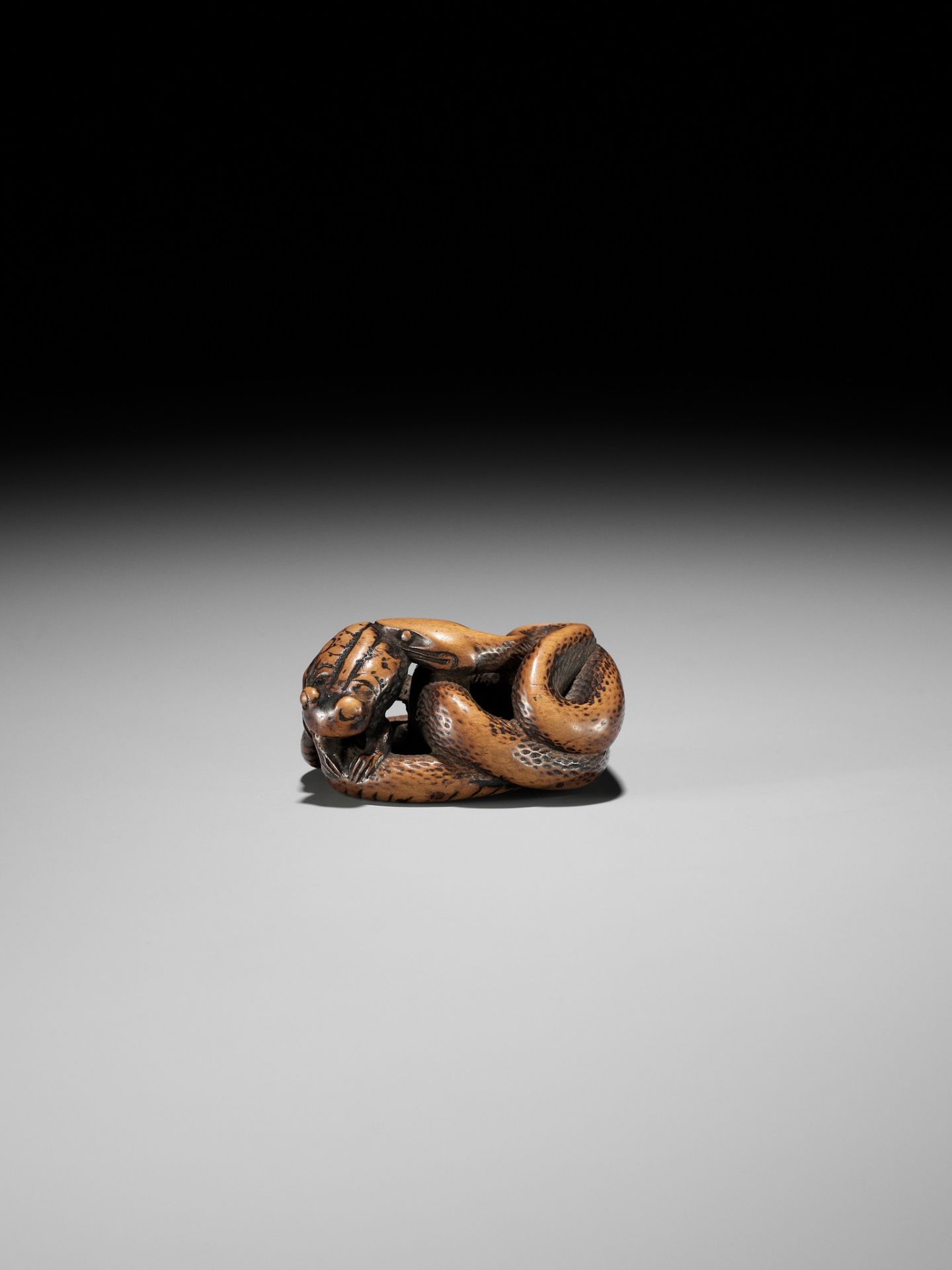 AN EARLY WOOD NETSUKE OF A SNAKE AND FROG - Image 7 of 12