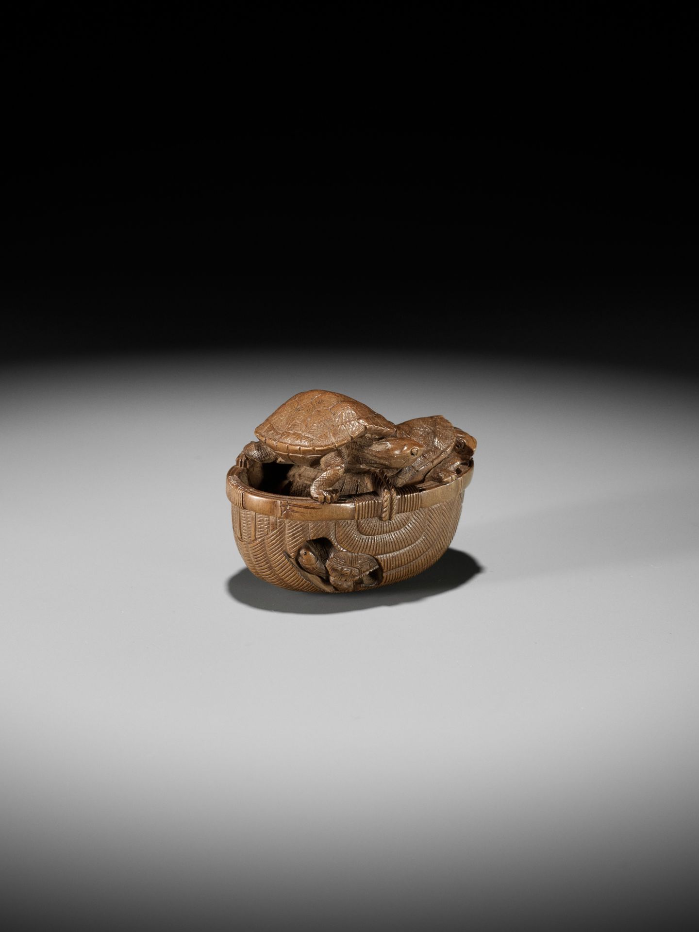 TADAKAZU: A FINE WOOD NETSUKE OF TURTLES IN A BASKET - Image 9 of 12