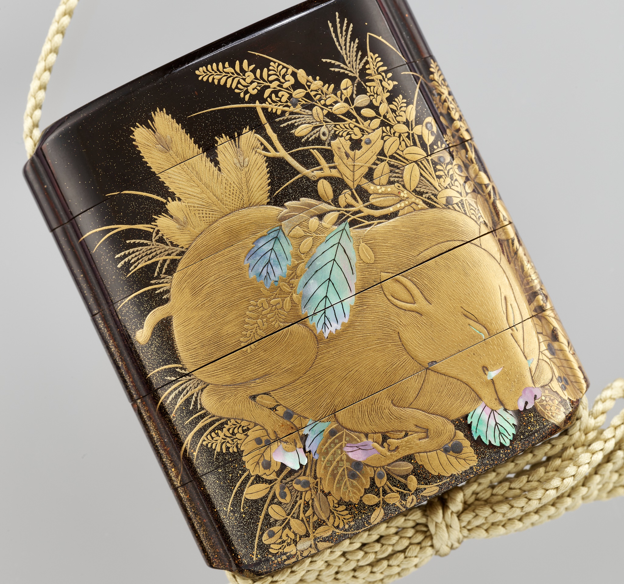 SHIOMI MASANARI: A FINE BLACK LACQUER FOUR-CASE INRO DEPICTING A SLEEPING WILD BOAR AND SILVER MOON - Image 3 of 8