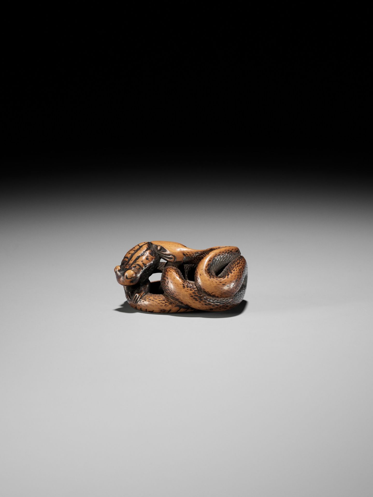 AN EARLY WOOD NETSUKE OF A SNAKE AND FROG - Image 3 of 12