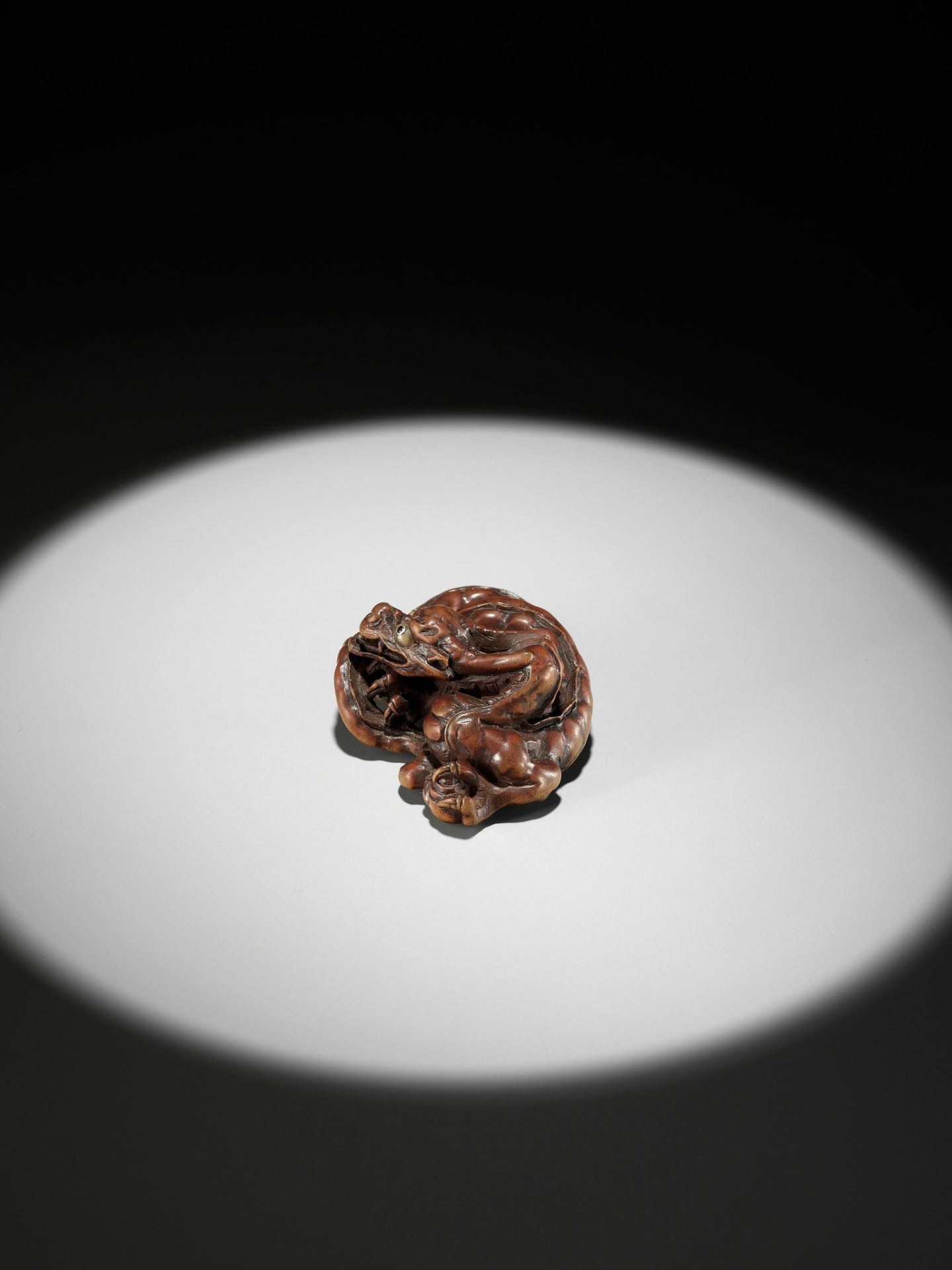 HIDARI ISSAN: A SUPERB WOOD NETSUKE OF A COILED DRAGON - Image 13 of 19