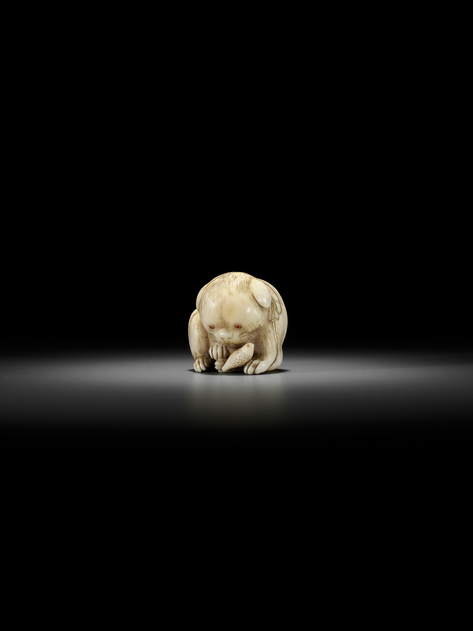 KAIGYOKUSAI MASATSUGU: A SUPERB IVORY NETSUKE OF A PUPPY WITH TOY BIRD - Image 9 of 16