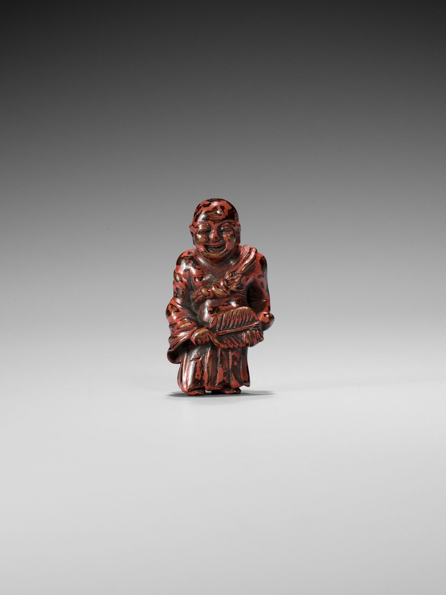 A NEGORO LACQUER NETSUKE OF HOTEI - Image 3 of 9