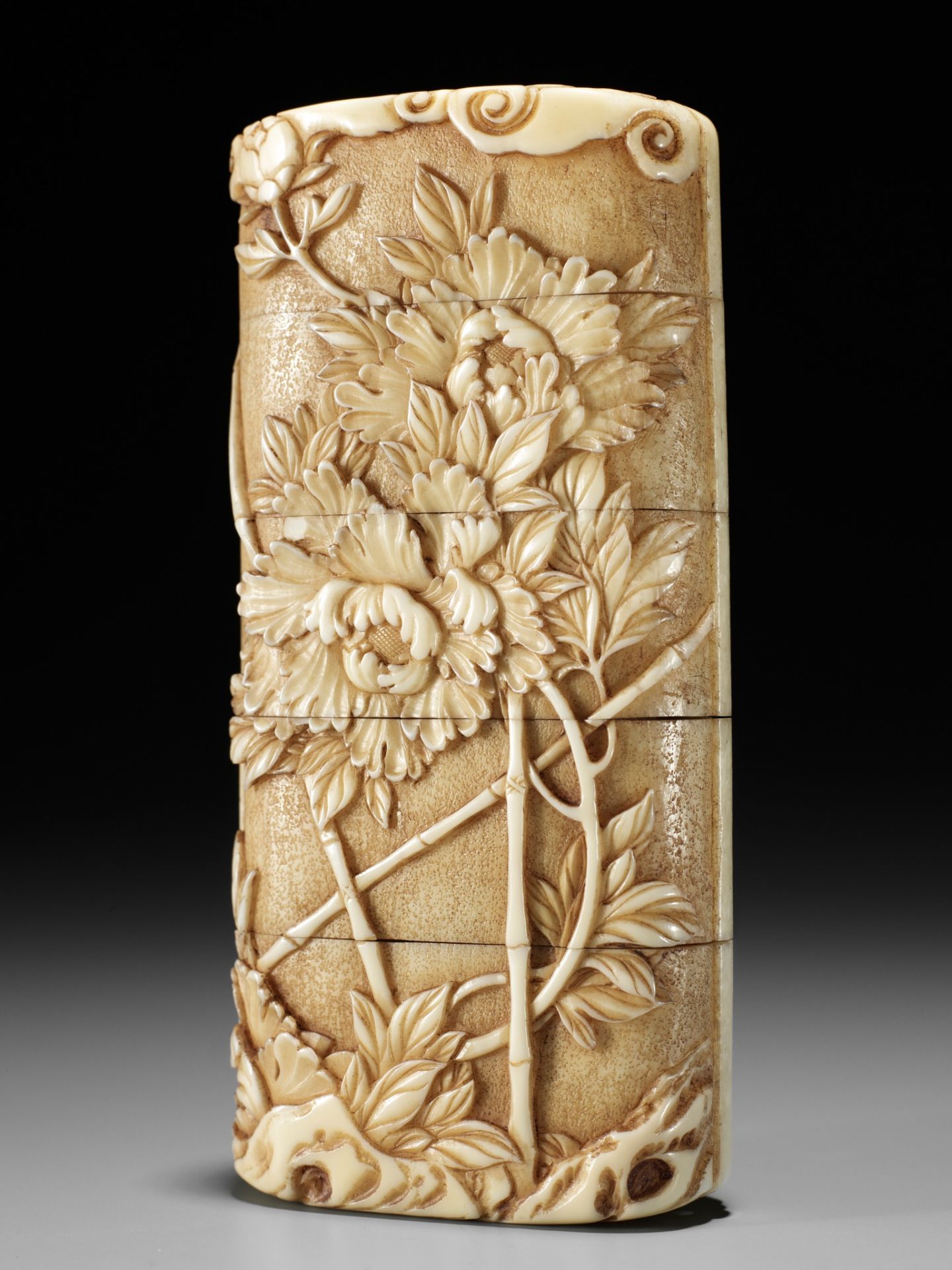 A MASTERFUL WALRUS TUSK FOUR-CASE INRO DEPICTING A SWALLOW AMONGST FLOWERS - Image 2 of 12