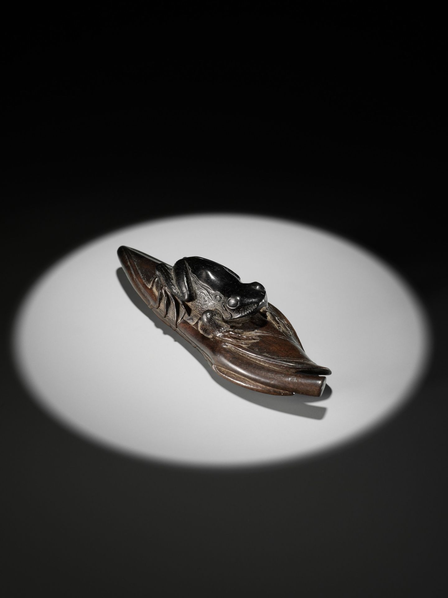 KANMAN: AN EXCEPTIONAL AND LARGE KUROGAKI (BLACK PERSIMMON) WOOD NETSUKE OF A FROG ON A LOTUS LEAF - Image 15 of 20