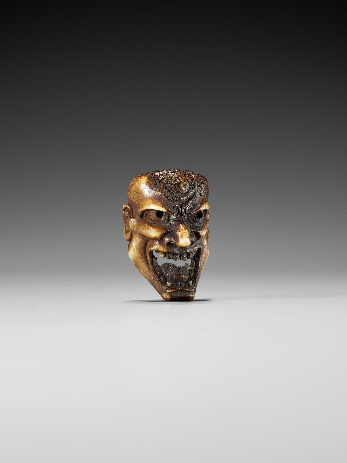 A SUPERB STAG ANTLER MASK NETSUKE OF HANNYA - Image 2 of 10