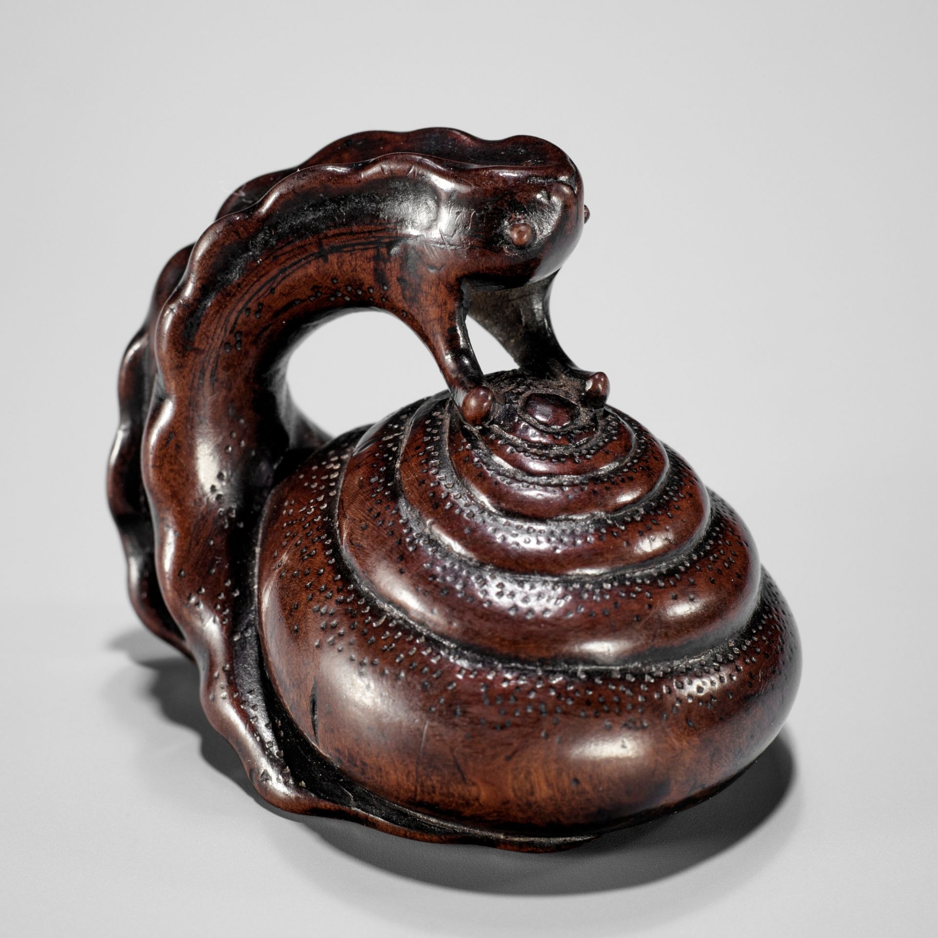 SHUZAN: AN EXCEPTIONAL WOOD NETSUKE OF A SNAIL ACROBAT