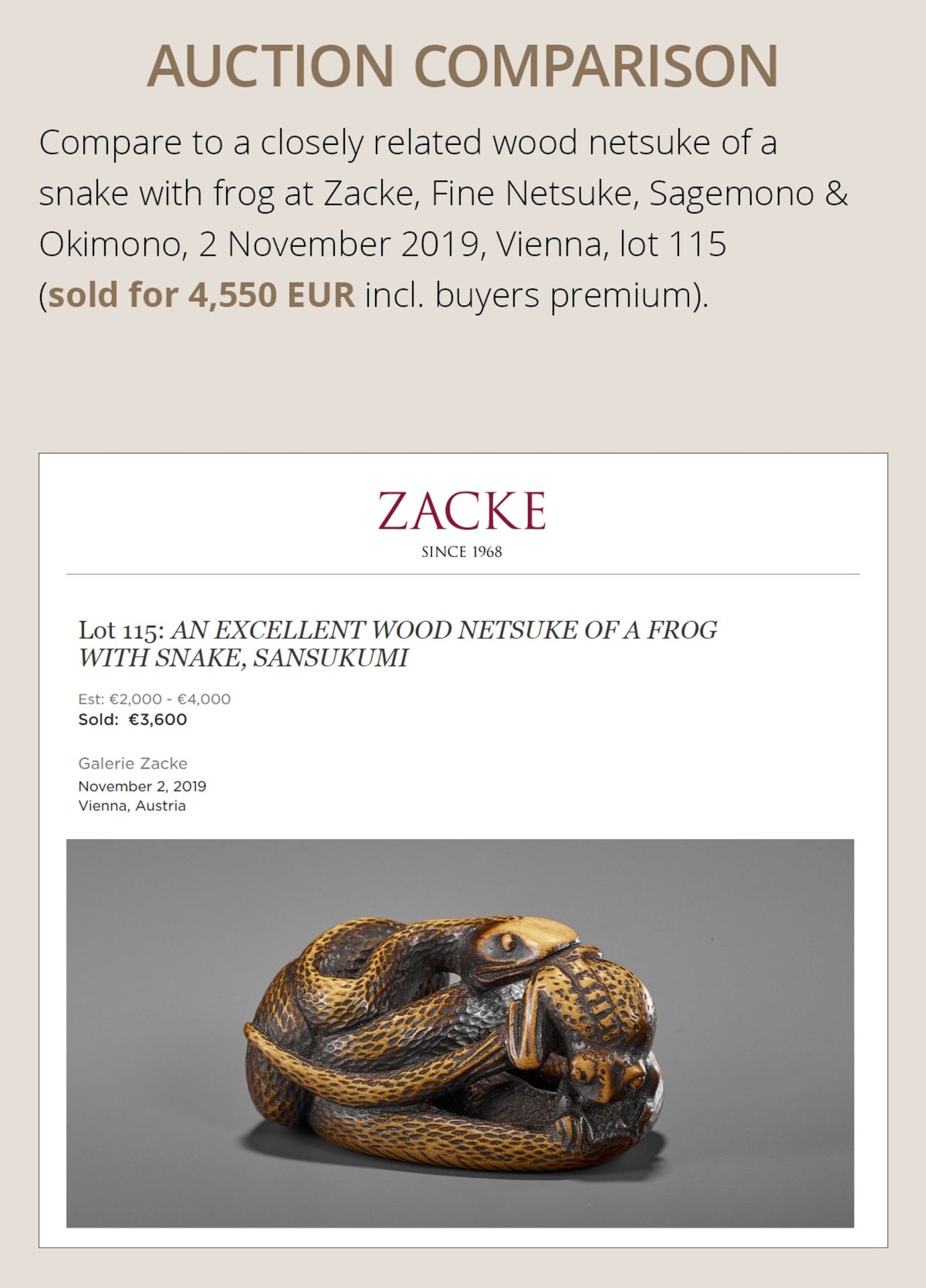 AN EARLY WOOD NETSUKE OF A SNAKE AND FROG - Image 4 of 12